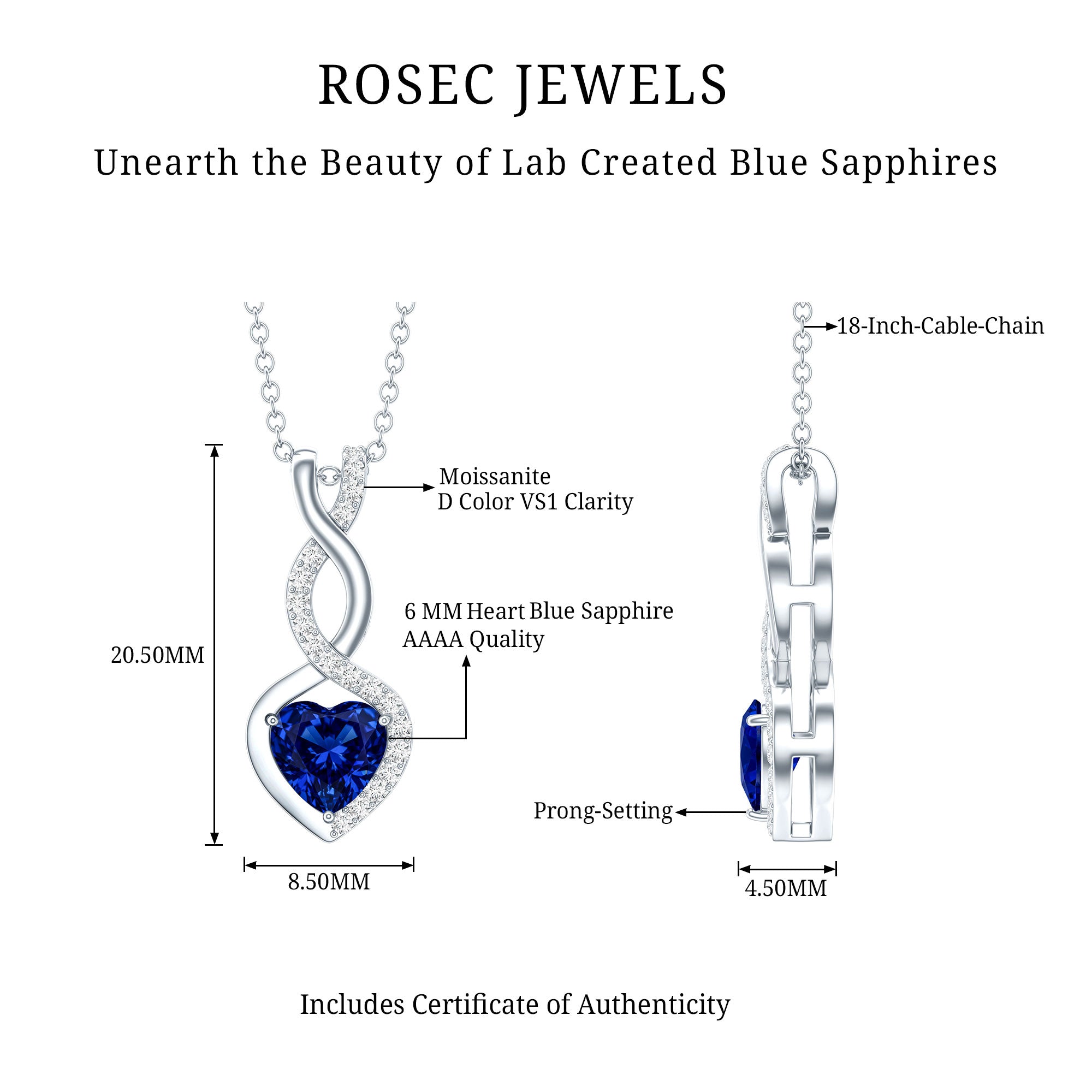 Certified Lab Grown Blue Sapphire Infinity Heart Necklace with Chain AAAA - Rosec Jewels