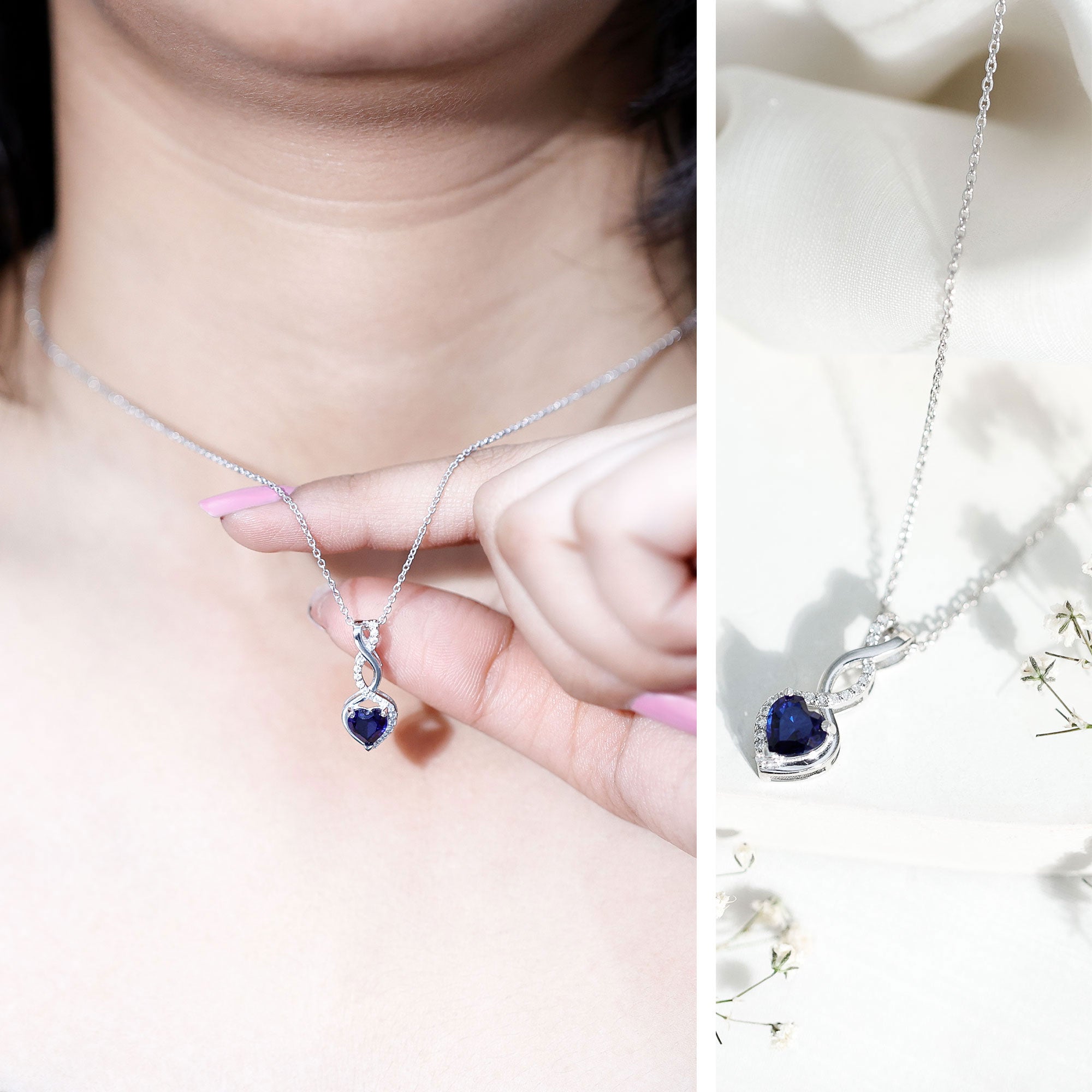 Certified Lab Grown Blue Sapphire Infinity Heart Necklace with Chain AAAA - Rosec Jewels
