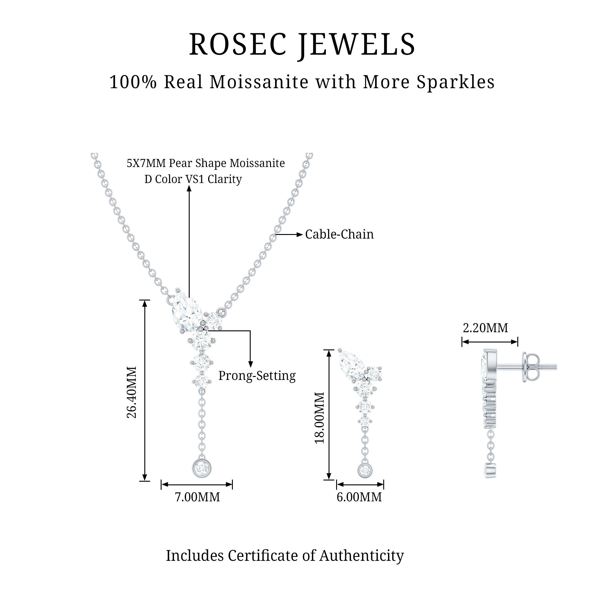 Certified Moissanite Bridal Necklace and Earrings Set D-VS1 - Rosec Jewels