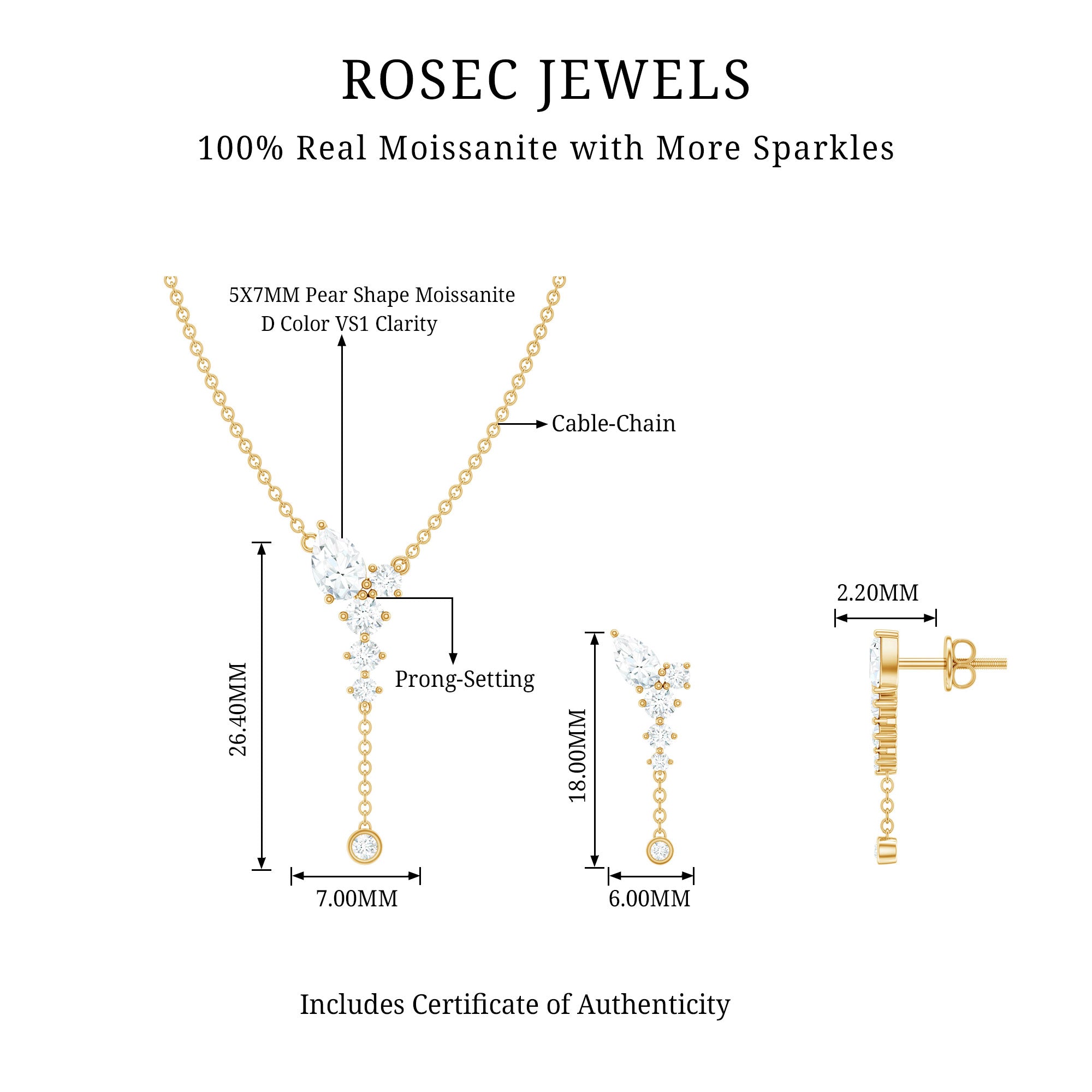 Certified Moissanite Bridal Necklace and Earrings Set D-VS1 - Rosec Jewels