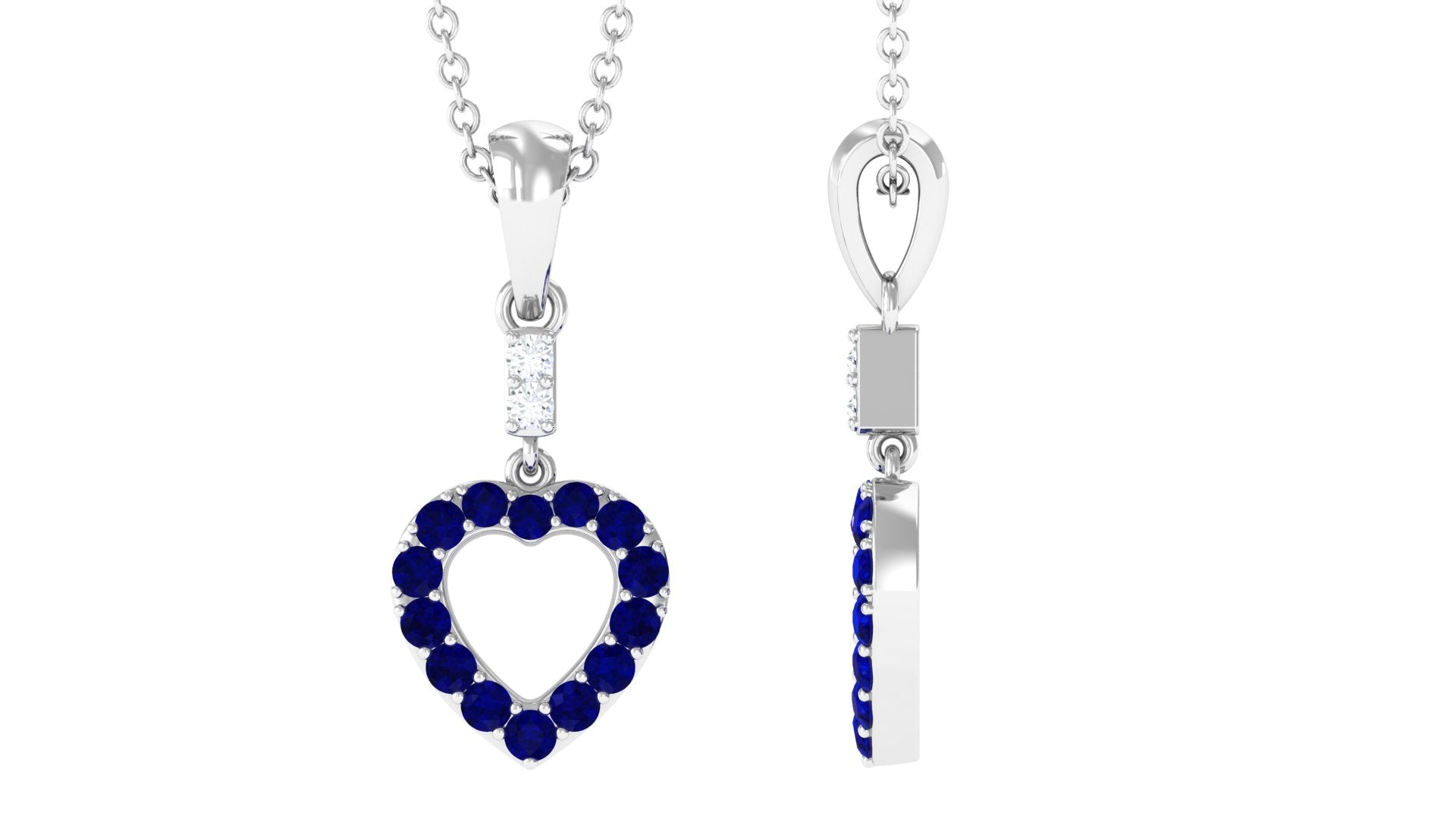 Round Blue Sapphire Open Heart Drop Pendant with Moissanite