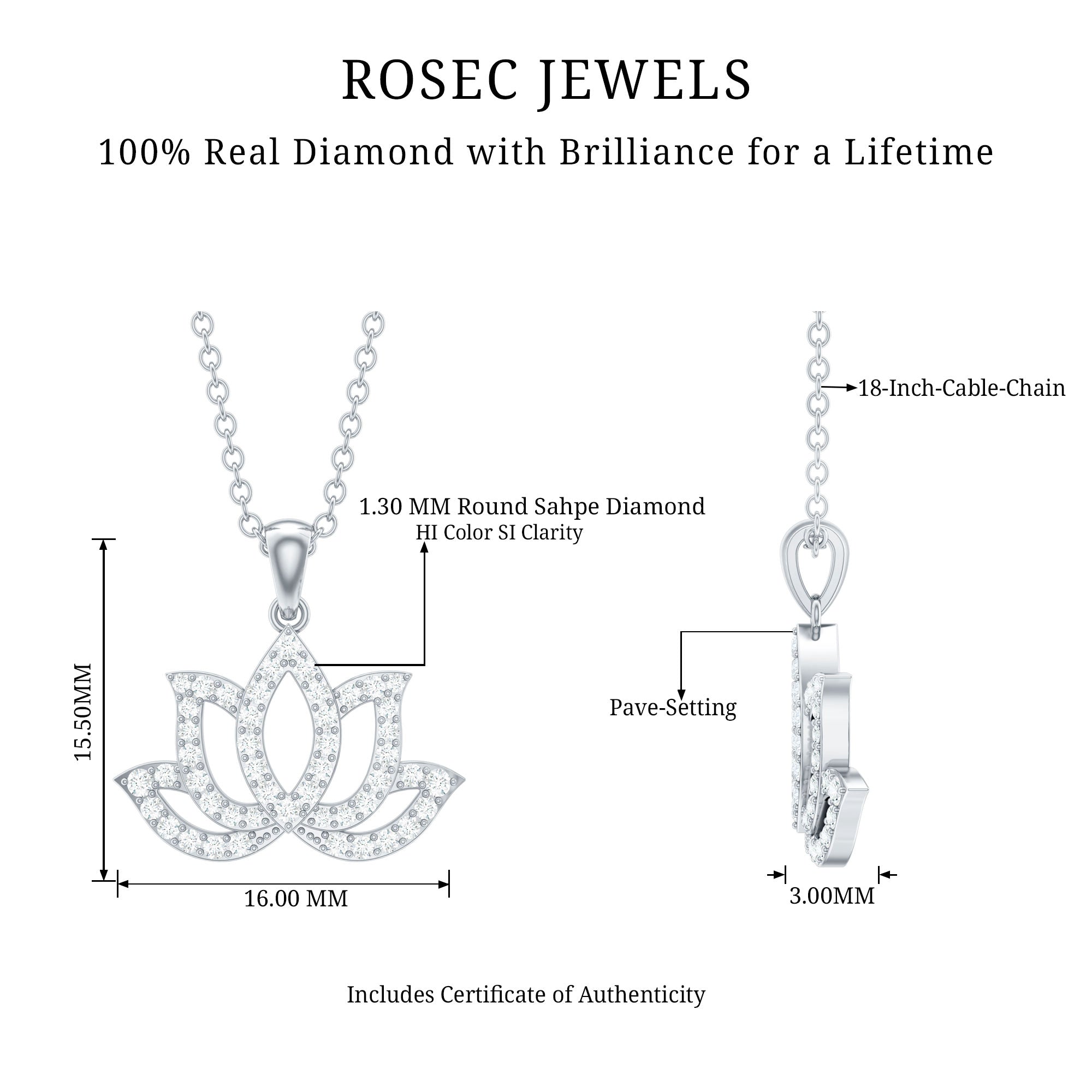 Diamond Lotus Flower Necklace in Pave Setting Natural - ( HI-SI ) - Rosec Jewels
