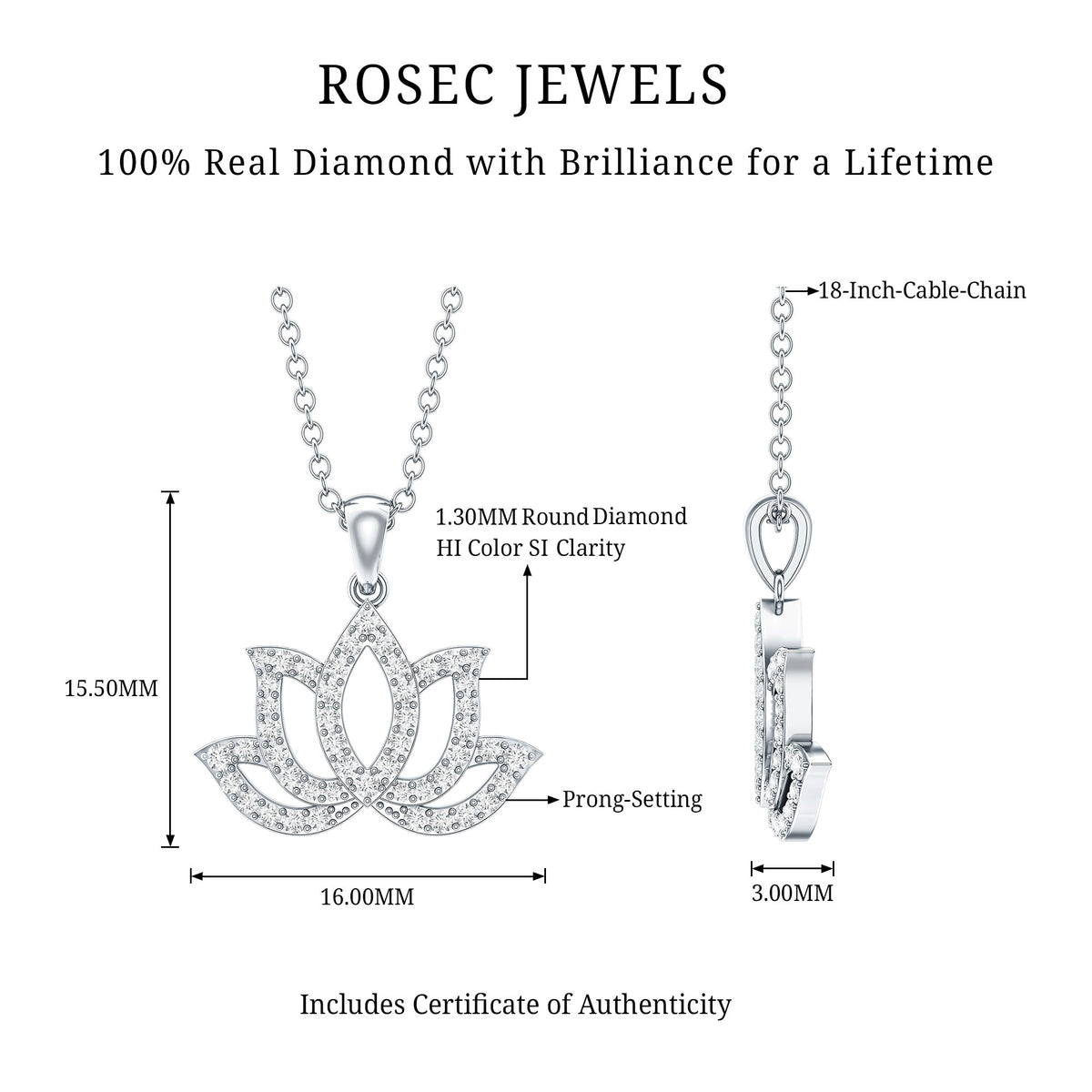 Diamond Lotus Flower Necklace in Pave Setting Natural - ( HI-SI ) - Rosec Jewels