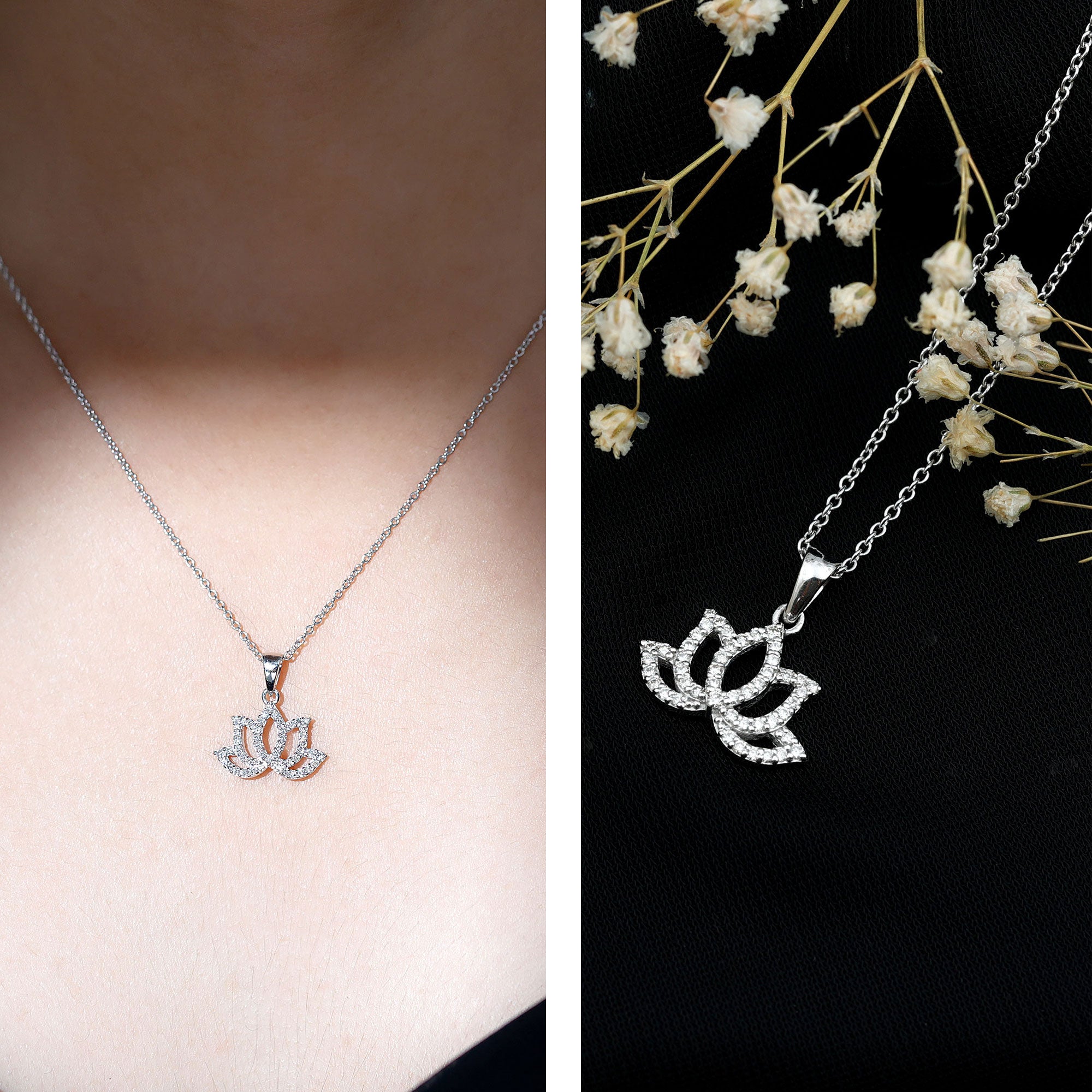Diamond Lotus Flower Necklace in Pave Setting Natural - ( HI-SI ) - Rosec Jewels