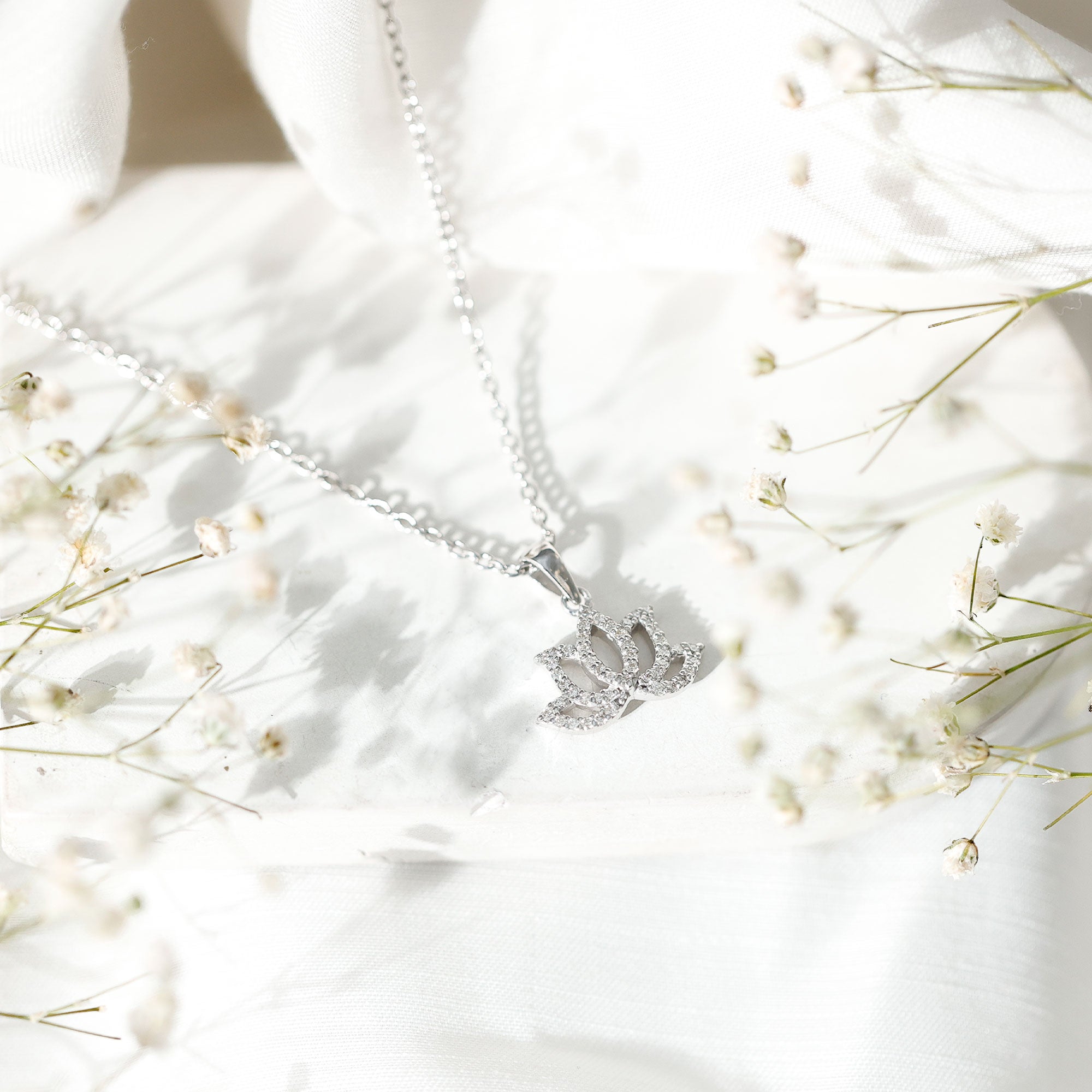 Diamond Lotus Flower Necklace in Pave Setting Natural - ( HI-SI ) - Rosec Jewels