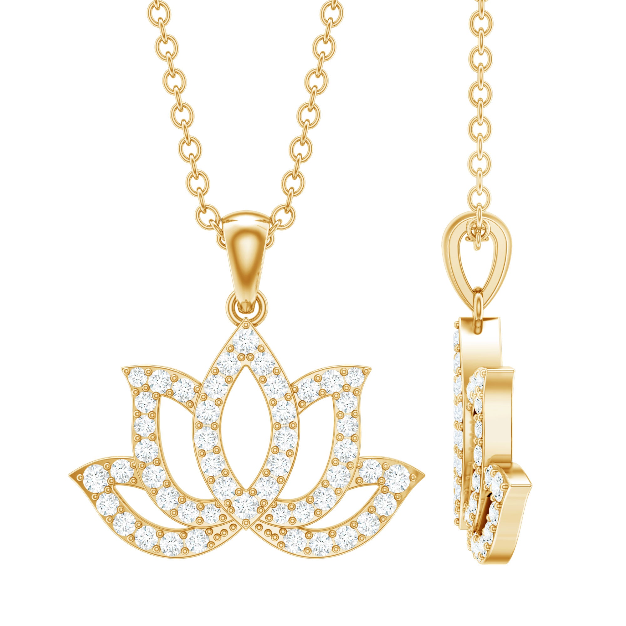 Diamond Lotus Flower Necklace in Pave Setting Natural - ( HI-SI ) - Rosec Jewels