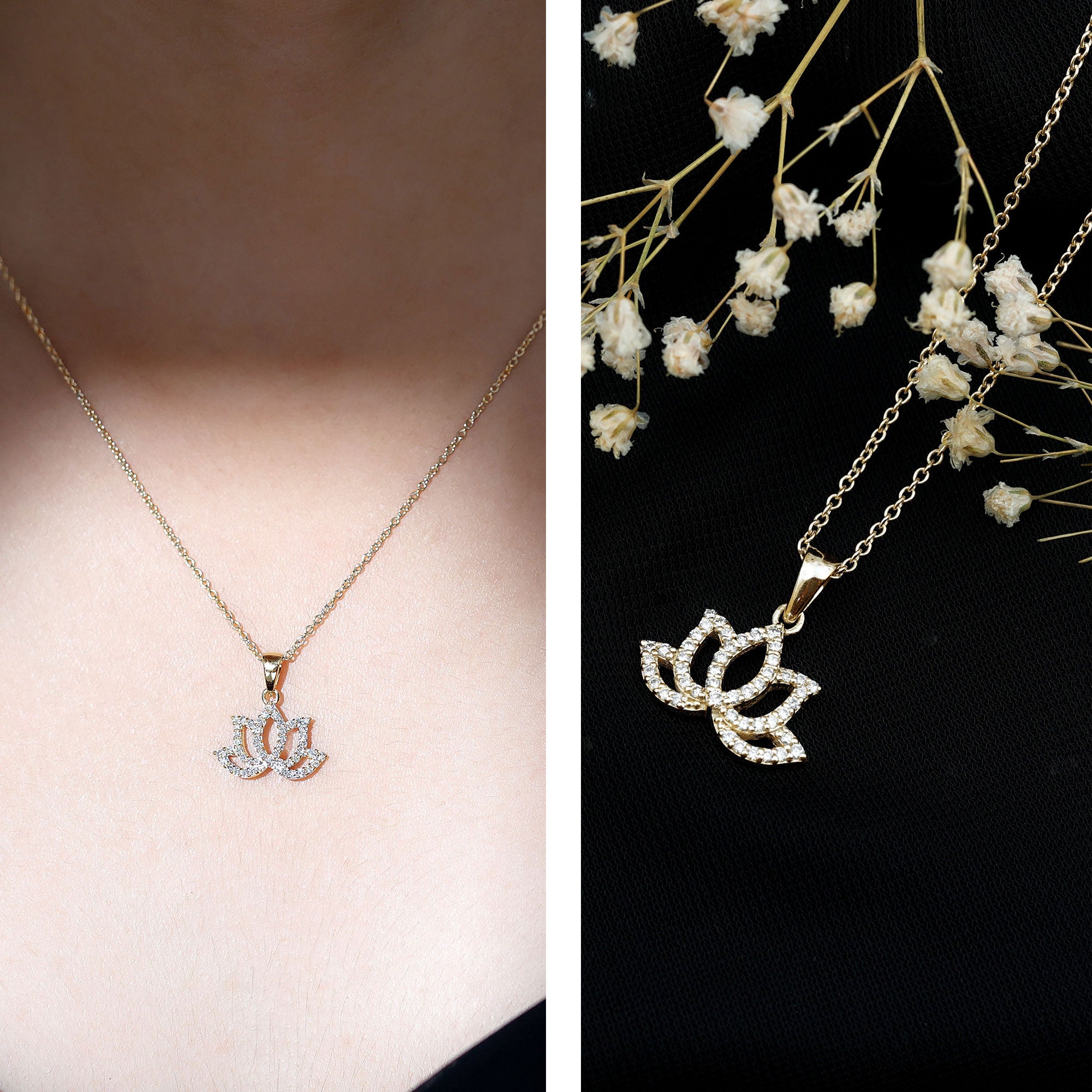 Diamond Lotus Flower Necklace in Pave Setting Natural - ( HI-SI ) - Rosec Jewels