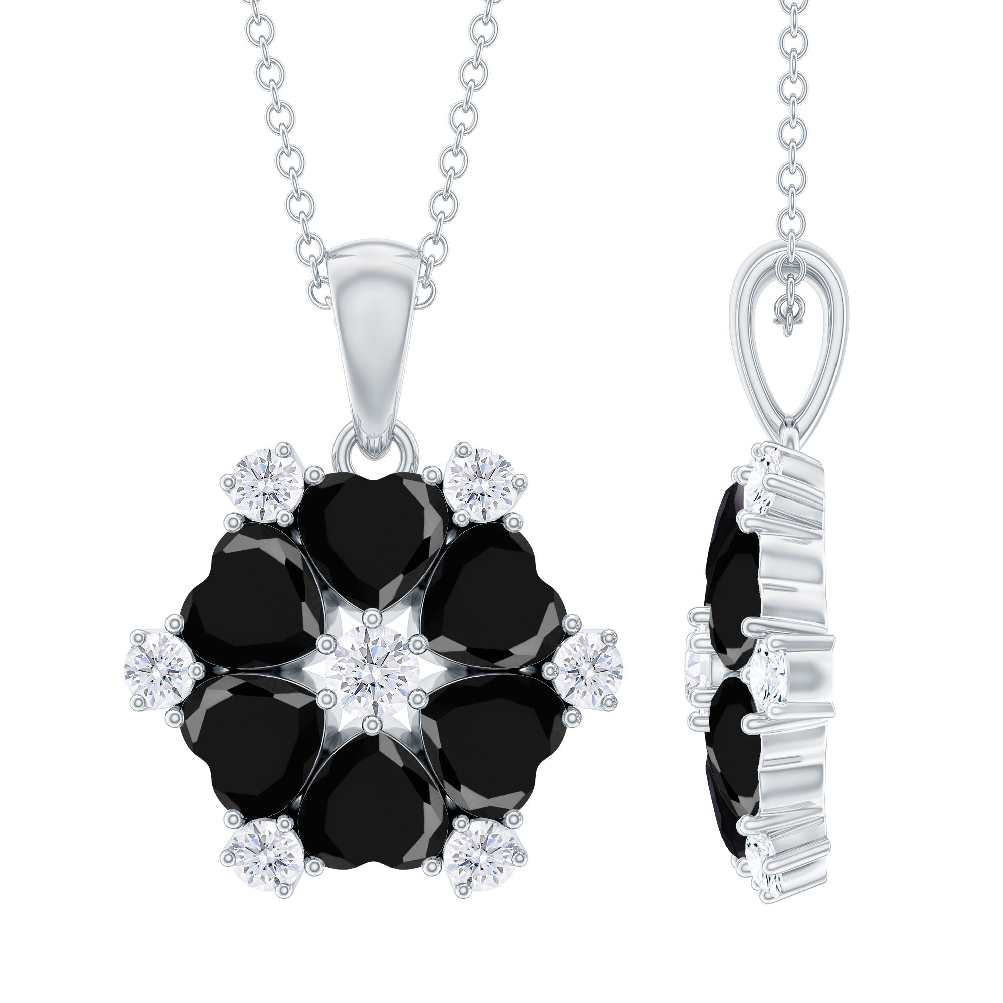 Natural Heart Shape Black Onyx Flower Pendant Necklace With Chain AAA - Rosec Jewels