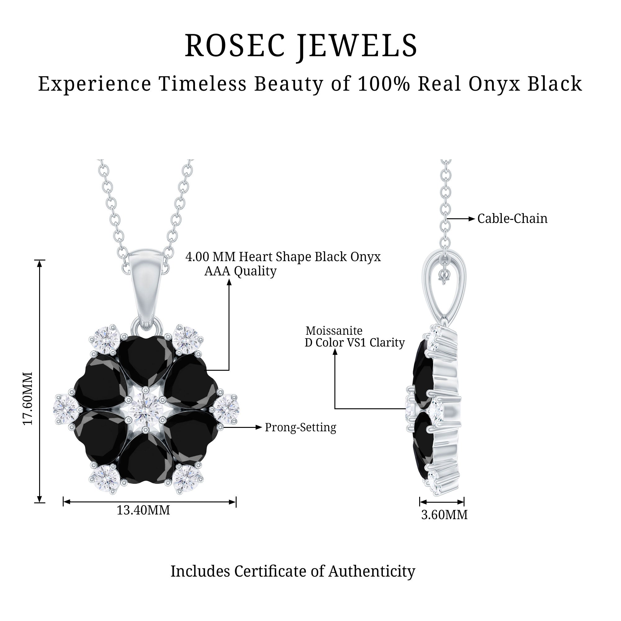 Natural Heart Shape Black Onyx Flower Pendant Necklace With Chain AAA - Rosec Jewels
