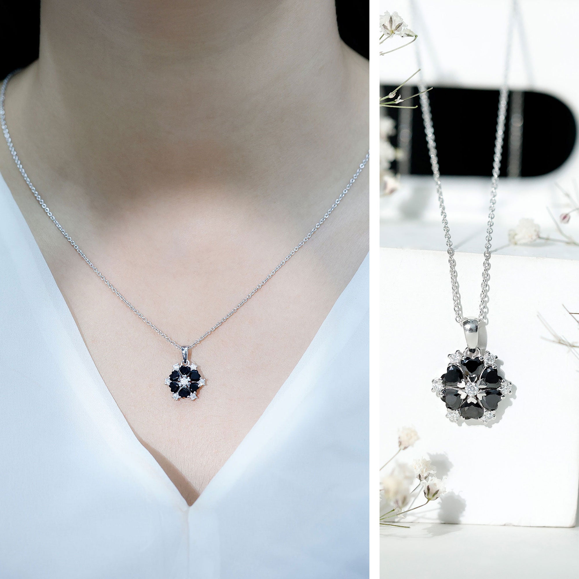 Natural Heart Shape Black Onyx Flower Pendant Necklace With Chain AAA - Rosec Jewels