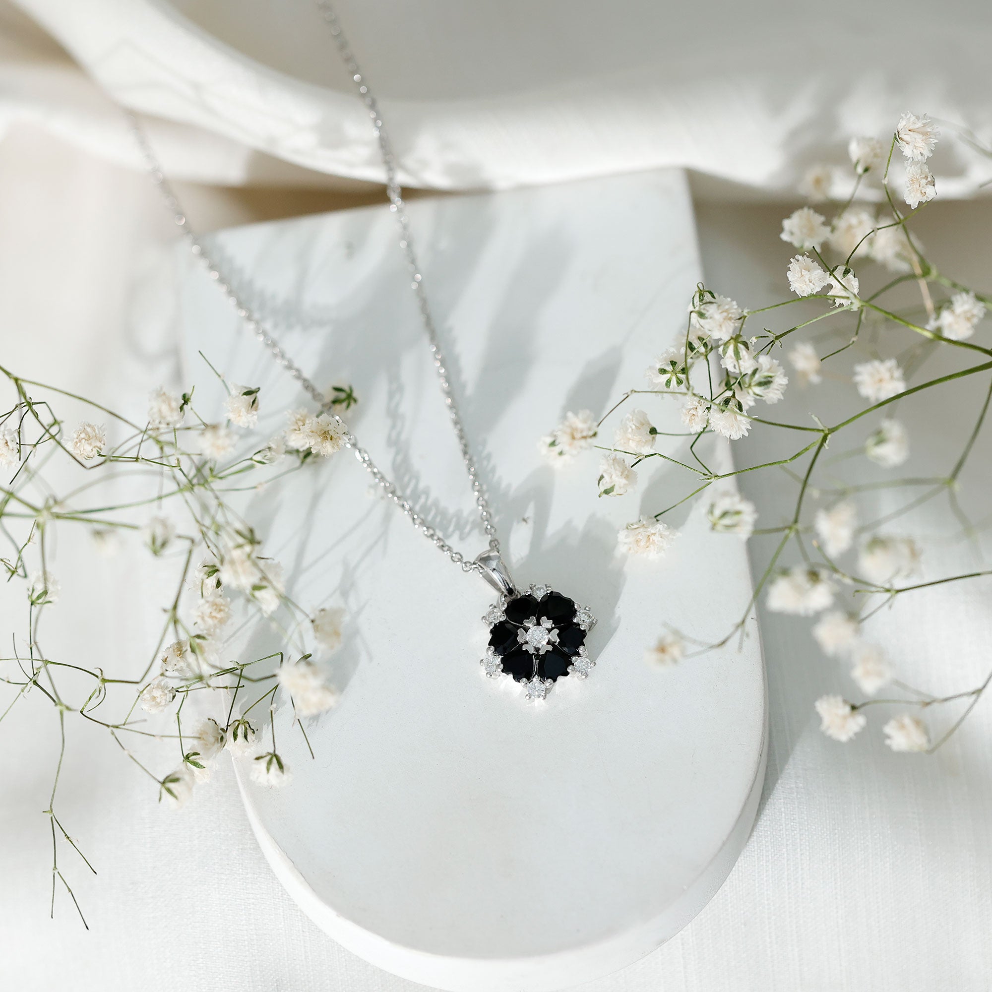Natural Heart Shape Black Onyx Flower Pendant Necklace With Chain AAA - Rosec Jewels
