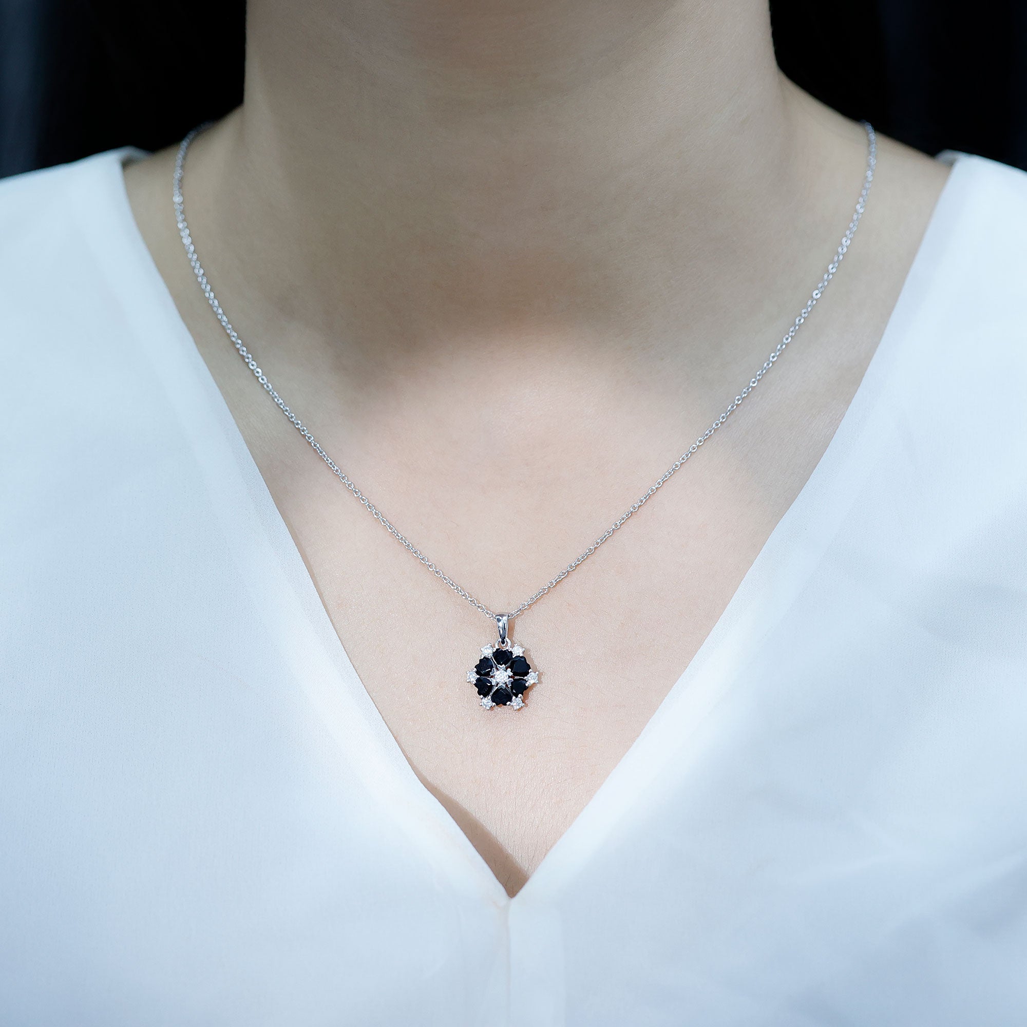 Natural Heart Shape Black Onyx Flower Pendant Necklace With Chain AAA - Rosec Jewels