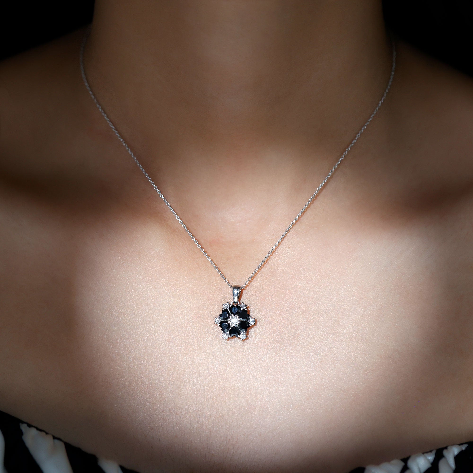 Natural Heart Shape Black Onyx Flower Pendant Necklace With Chain AAA - Rosec Jewels