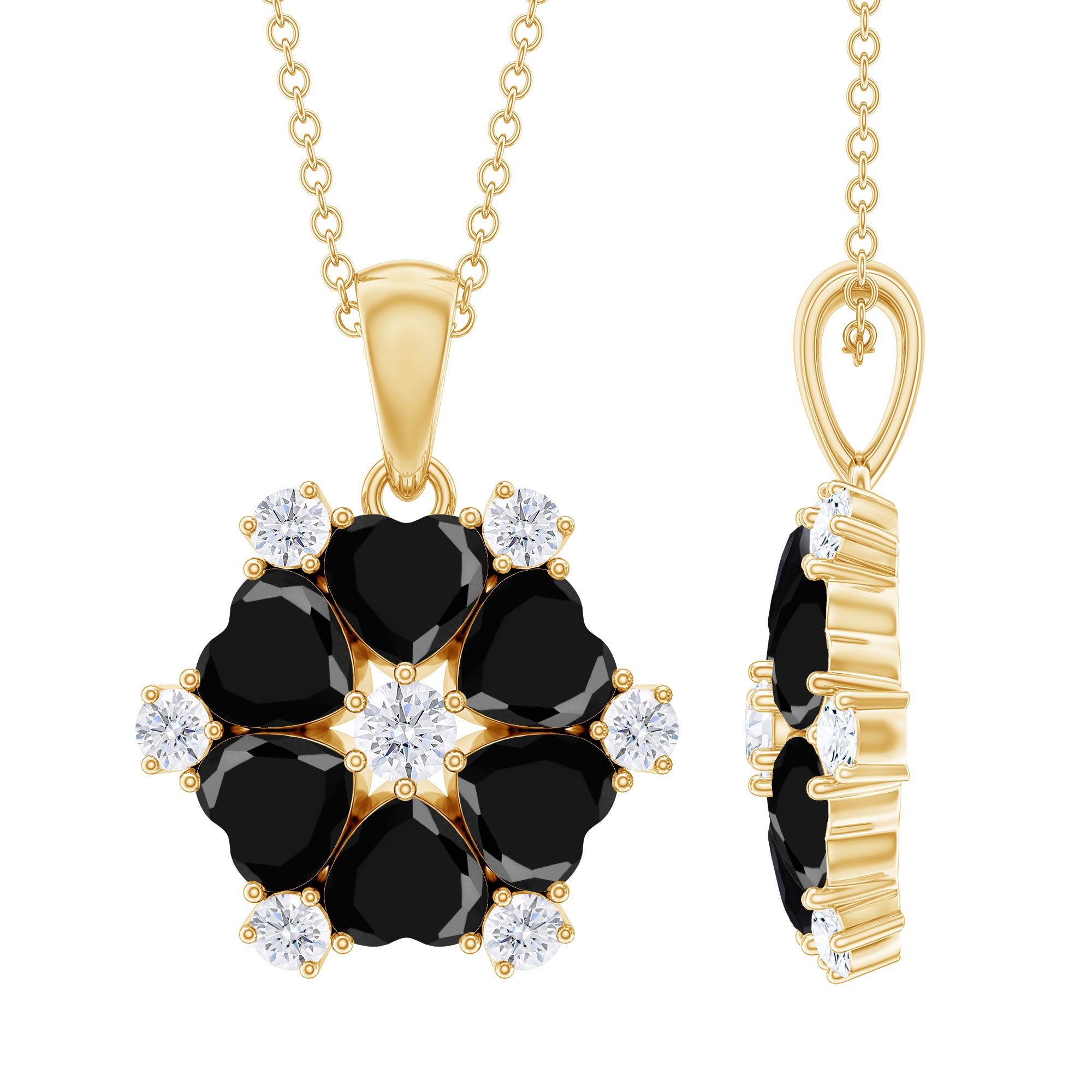 Natural Heart Shape Black Onyx Flower Pendant Necklace With Chain AAA - Rosec Jewels