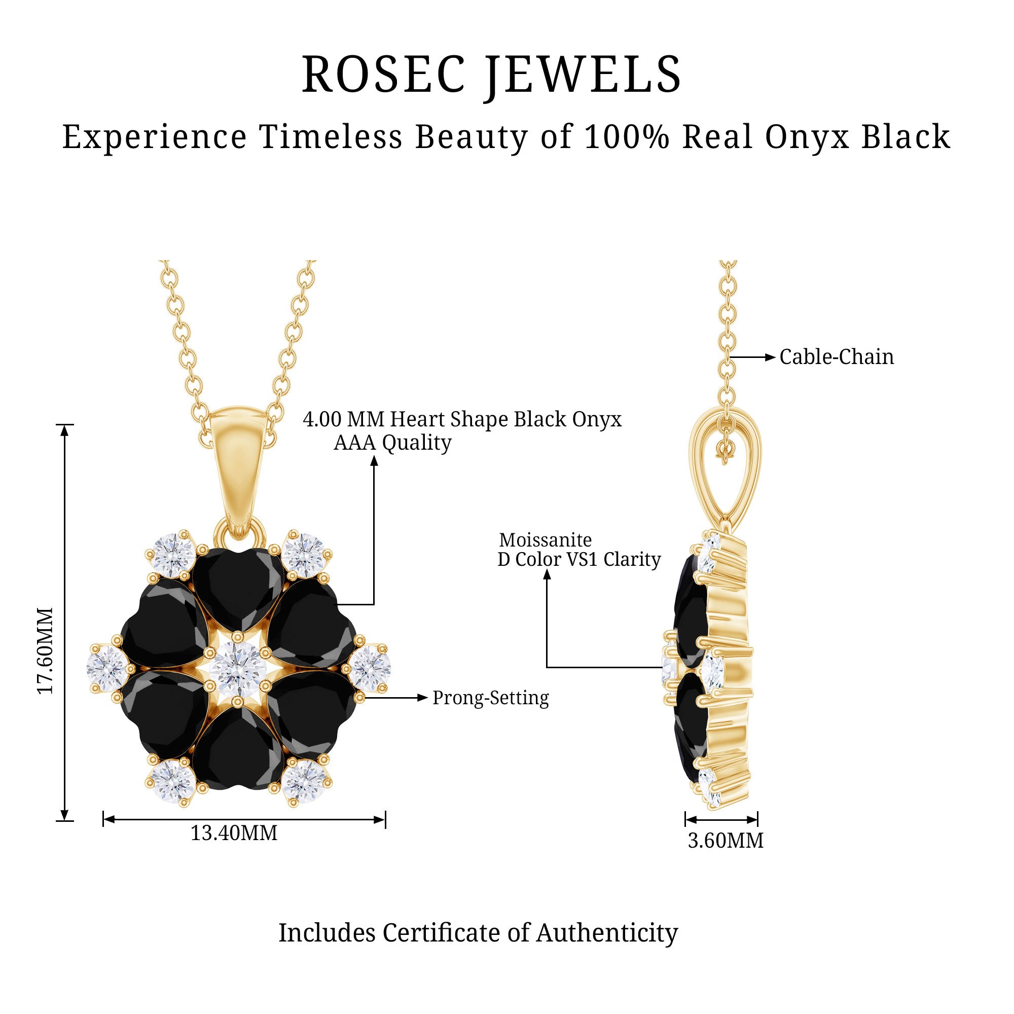 Natural Heart Shape Black Onyx Flower Pendant Necklace With Chain AAA - Rosec Jewels