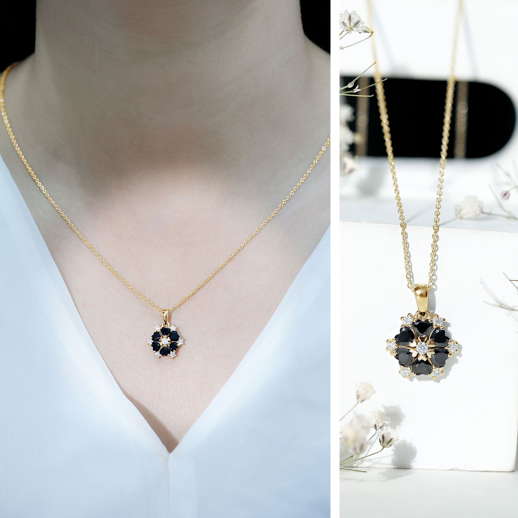 Natural Heart Shape Black Onyx Flower Pendant Necklace With Chain AAA - Rosec Jewels