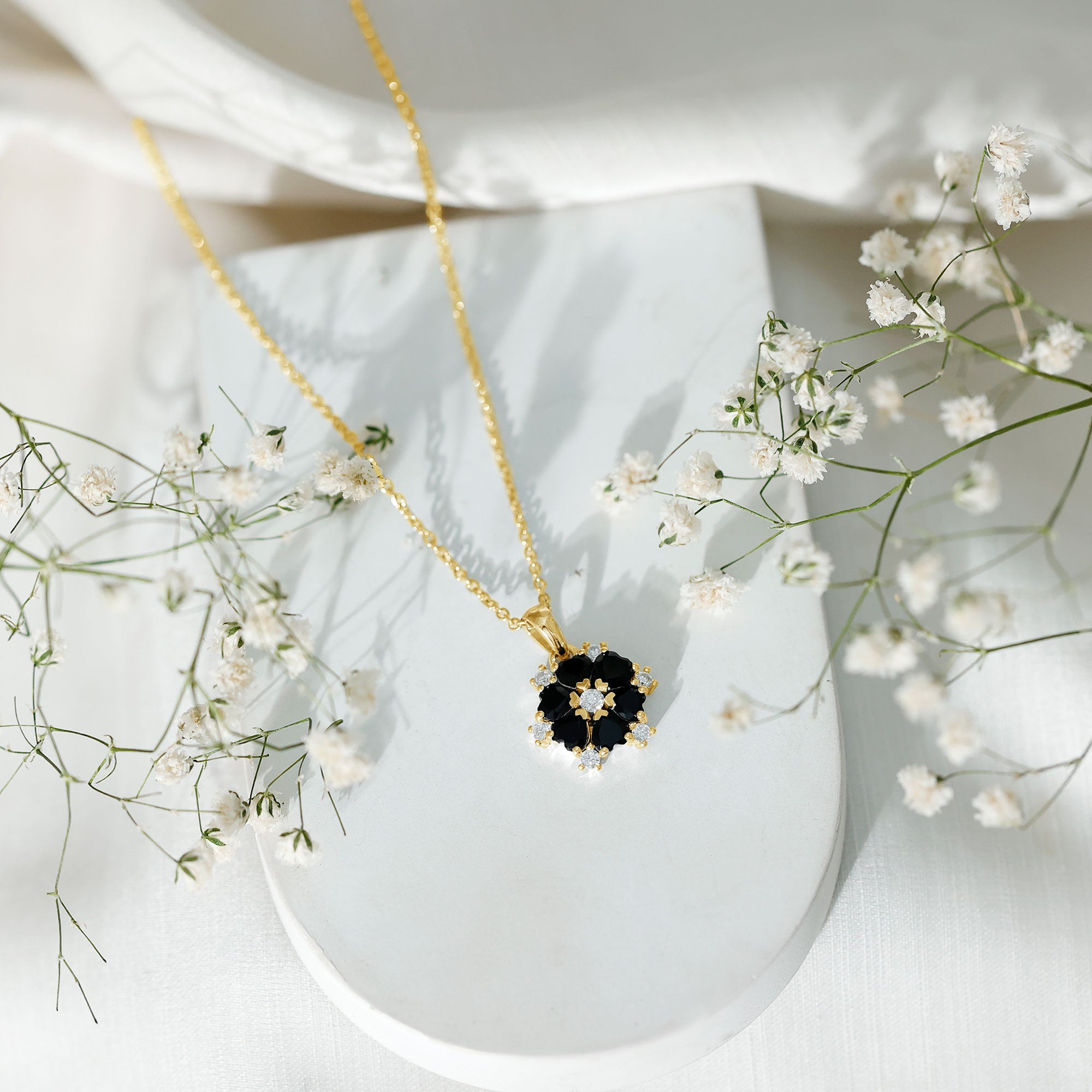 Natural Heart Shape Black Onyx Flower Pendant Necklace With Chain AAA - Rosec Jewels