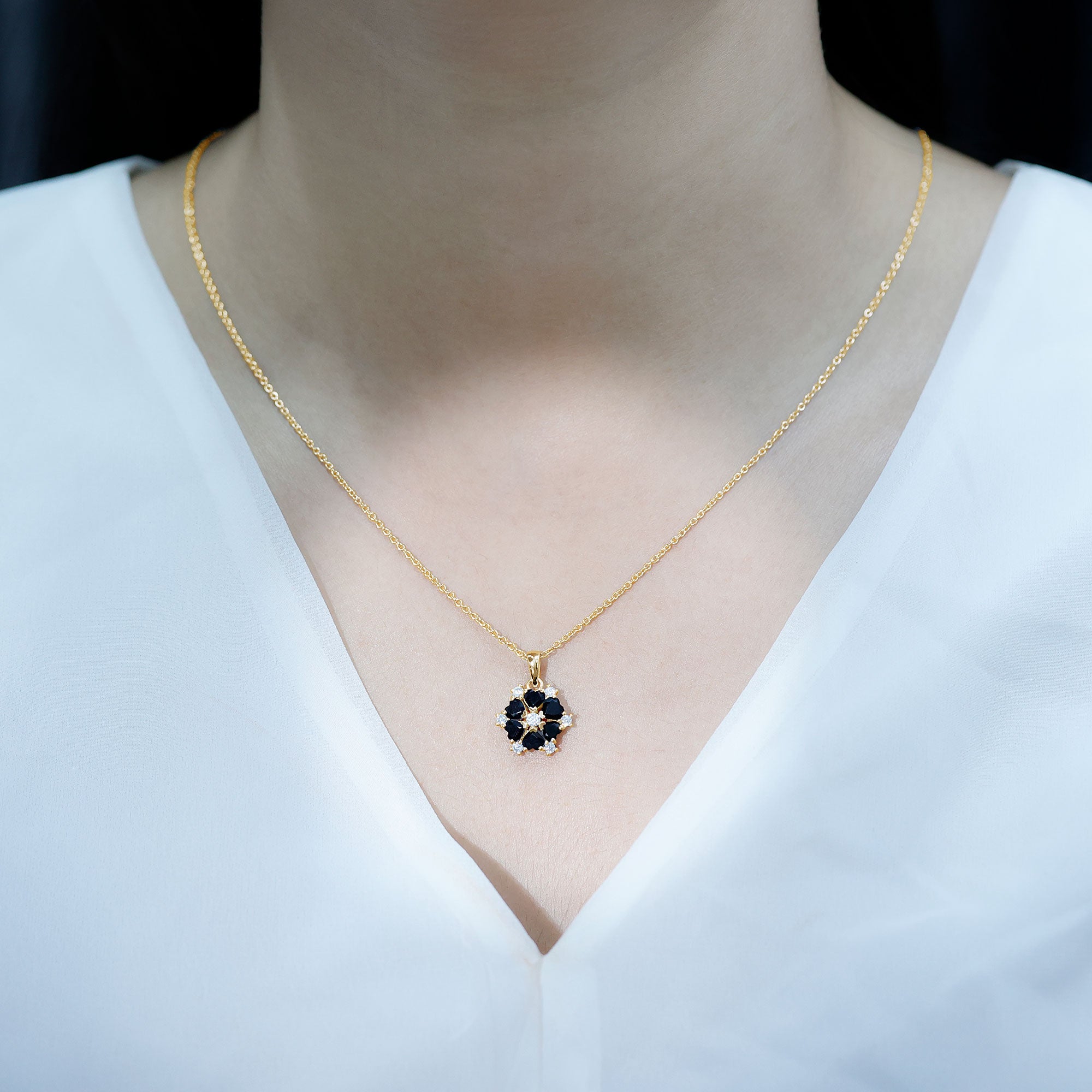 Natural Heart Shape Black Onyx Flower Pendant Necklace With Chain AAA - Rosec Jewels