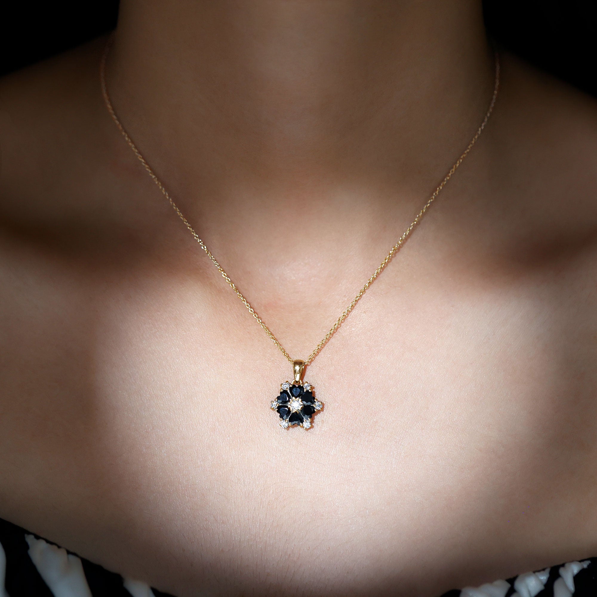 Natural Heart Shape Black Onyx Flower Pendant Necklace With Chain AAA - Rosec Jewels
