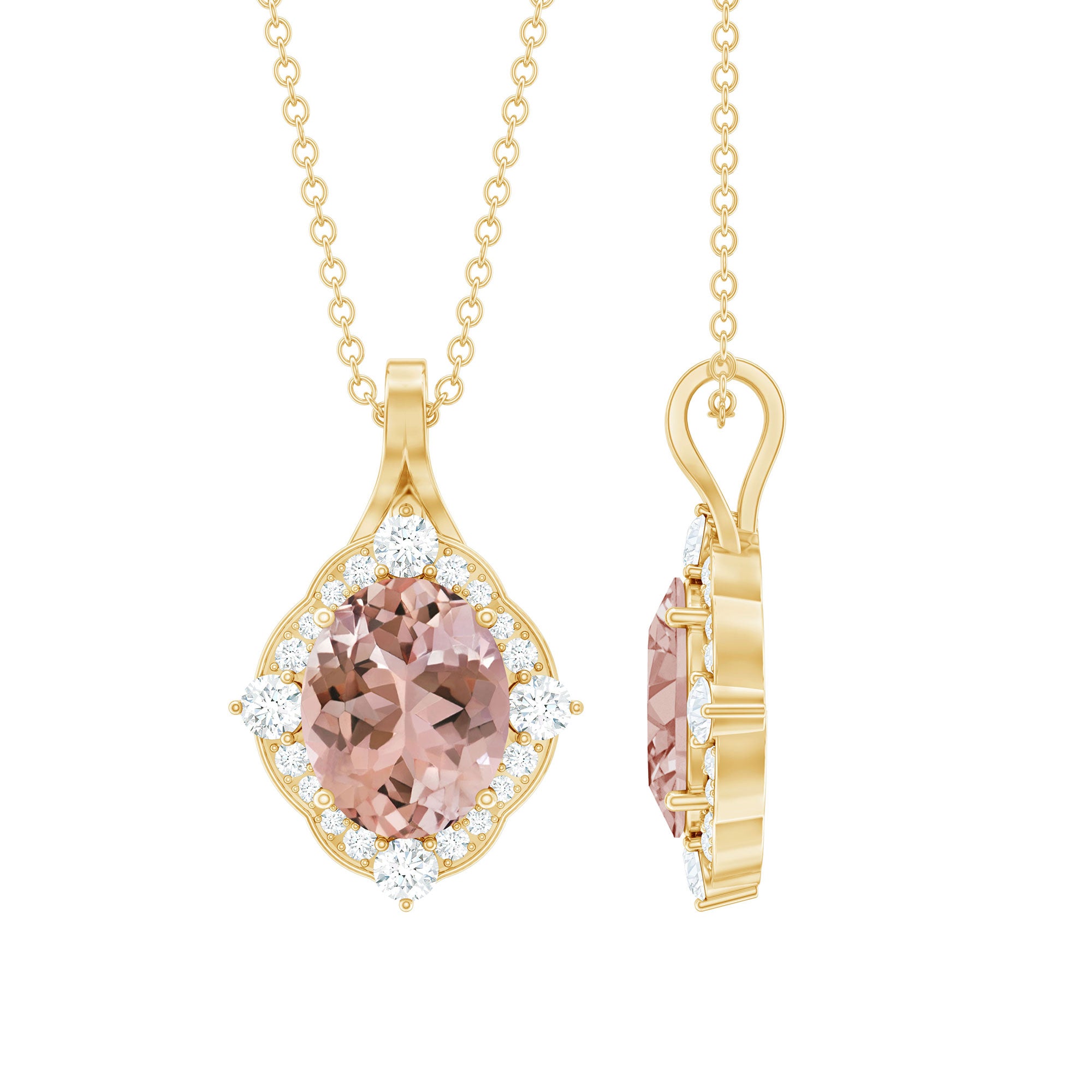Rosec Jewels-Vintage Inspired Morganite Bridal Necklace with Diamond Halo