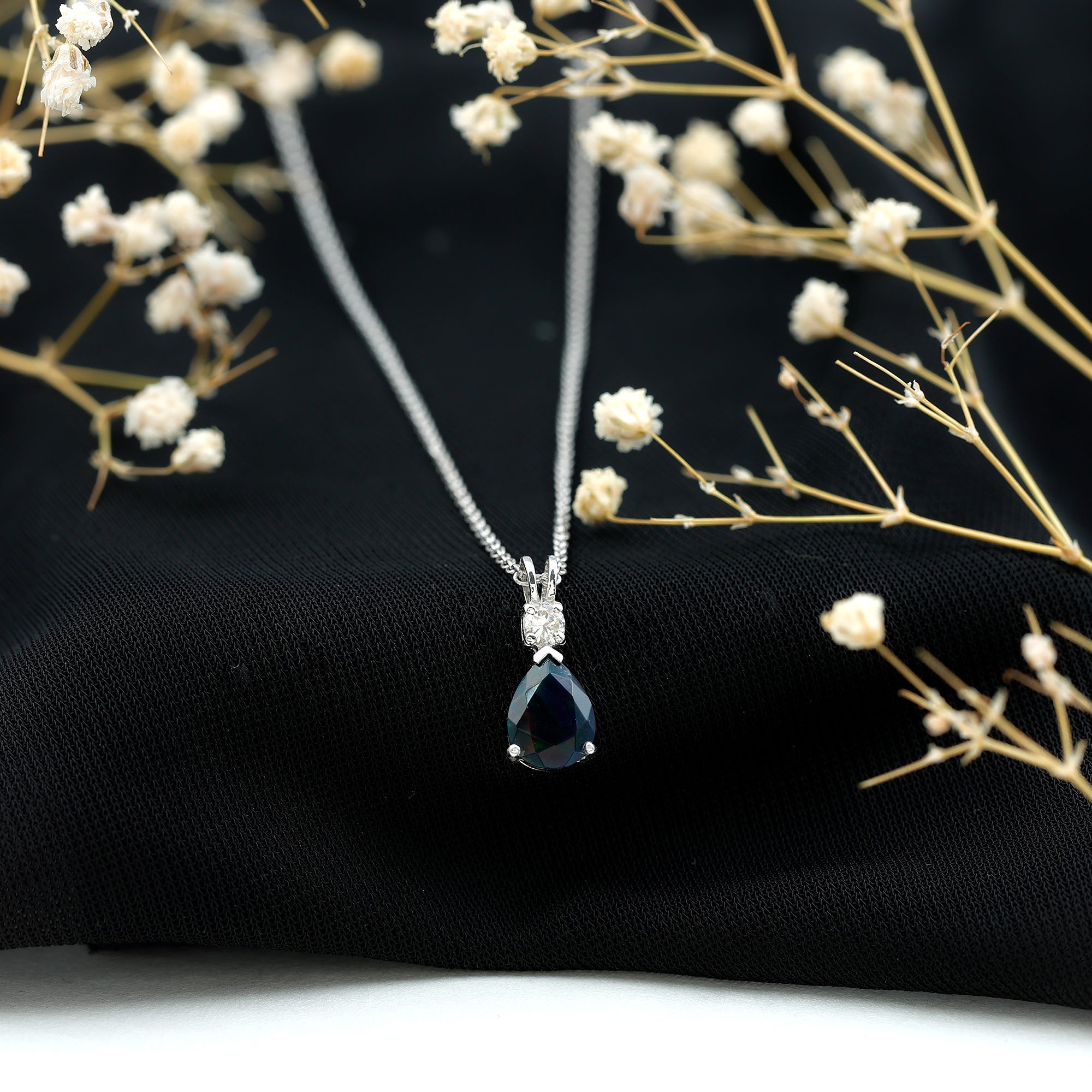 Pear Shaped Black Opal Drop Pendant with Diamond AAA - Rosec Jewels