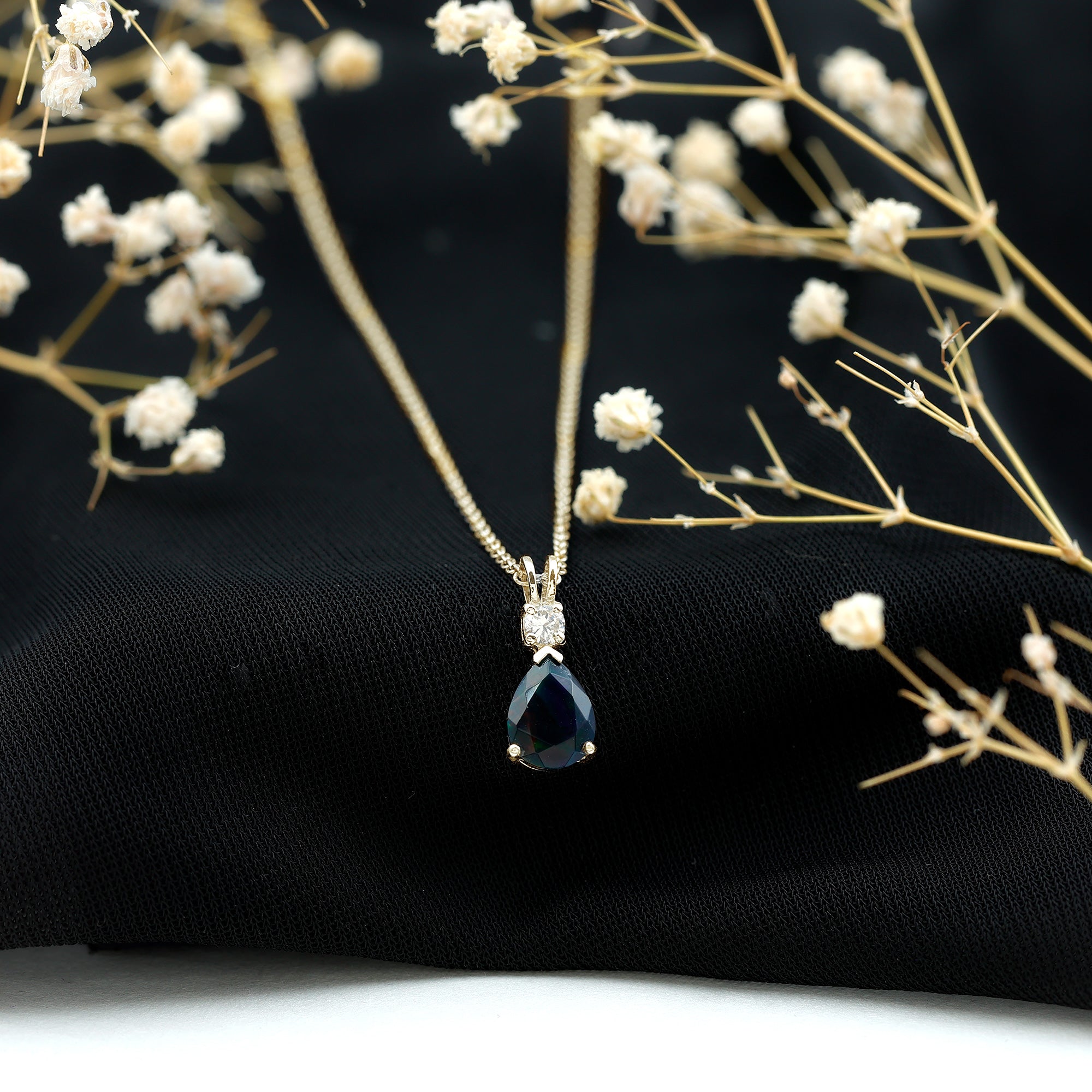 Pear Shaped Black Opal Drop Pendant with Diamond AAA - Rosec Jewels