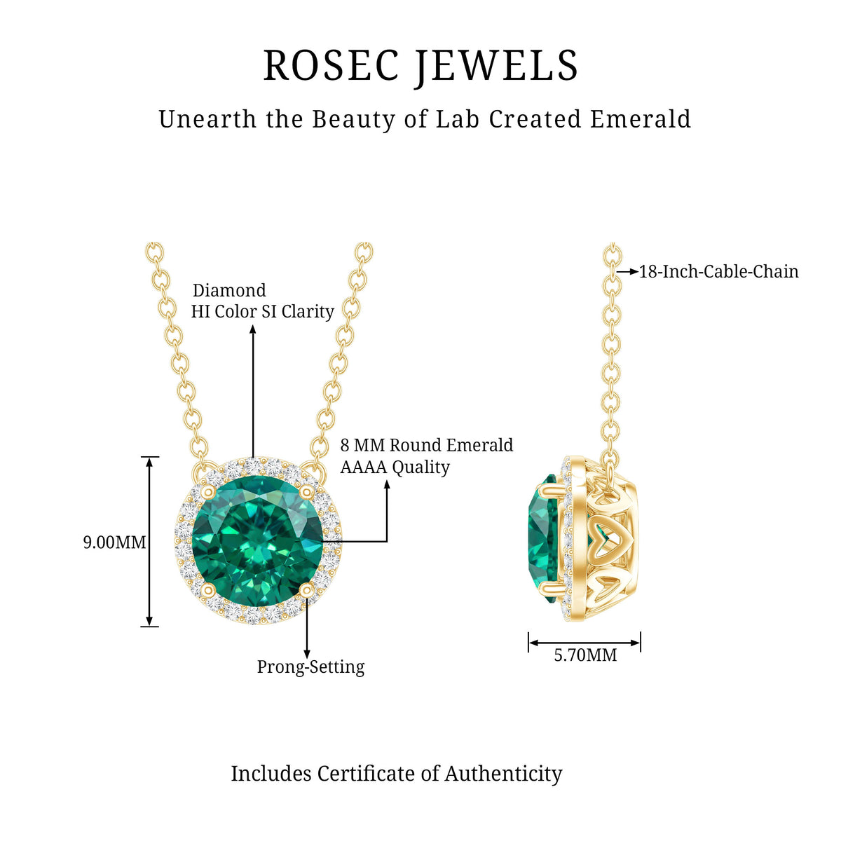 2 Carat Round Lab Created Emerald and Diamond Halo Necklace AAAA - Rosec Jewels