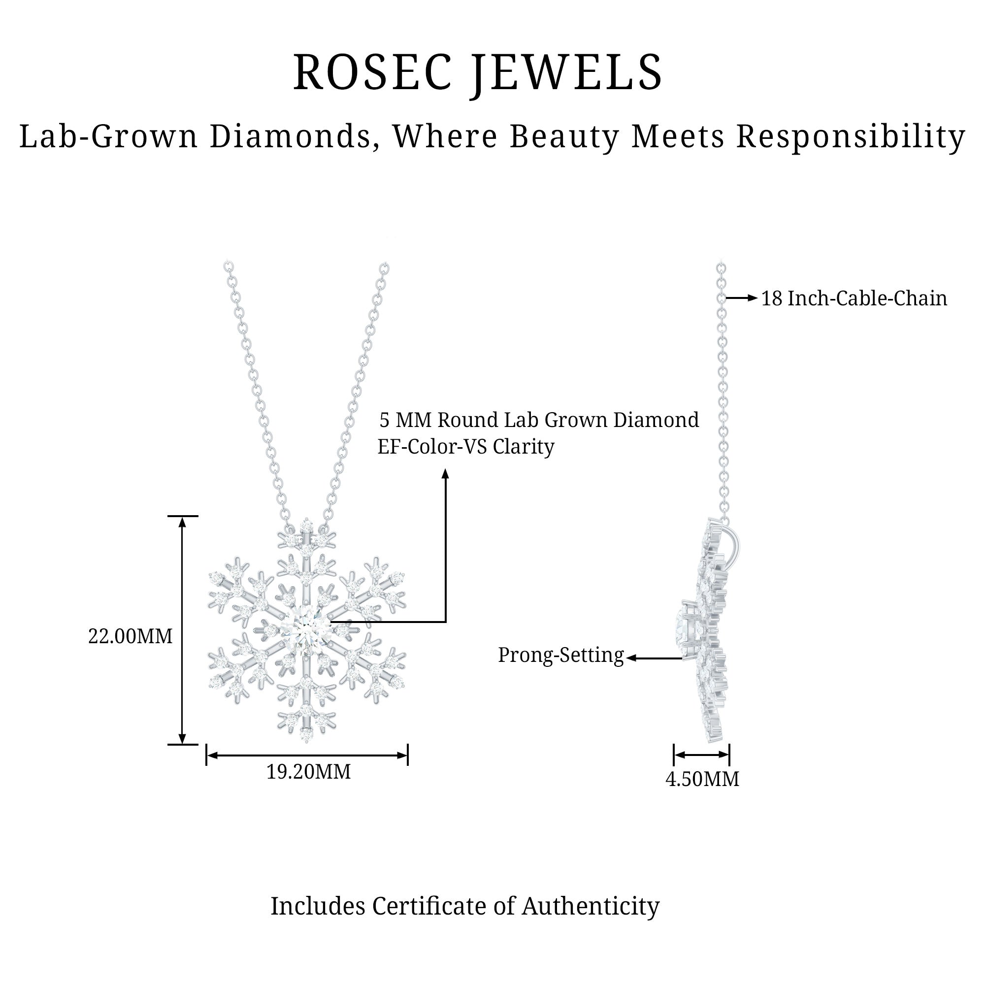 Lab Grown Diamond Snowflake Winter Necklace Lab - ( EF-VS ) - Rosec Jewels