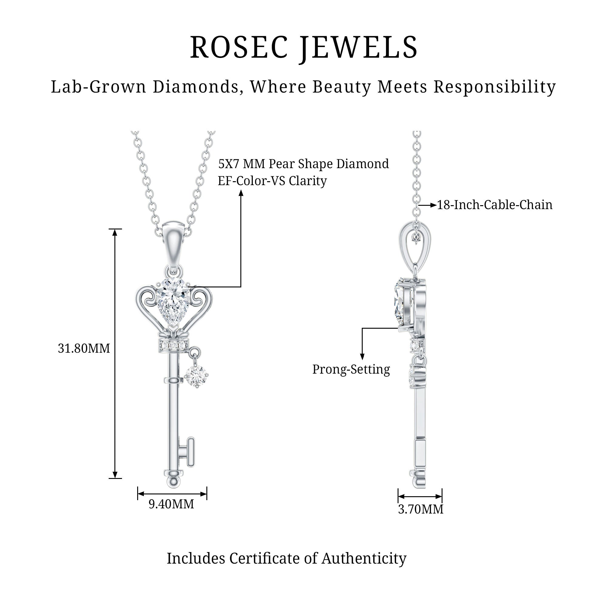 Certified Lab 5X7 MM Pear Shaped Diamond Key Pendant Lab - ( EF-VS ) - Rosec Jewels