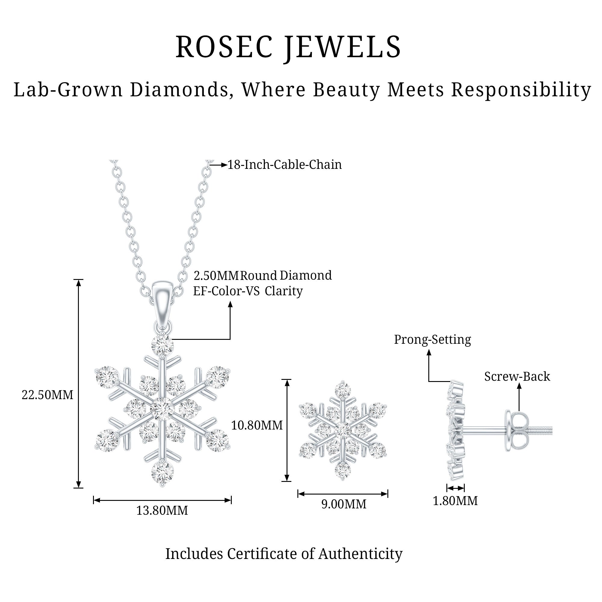 Certified Lab Grown Diamond Snowflake Jewelry Set Lab - ( EF-VS ) - Rosec Jewels