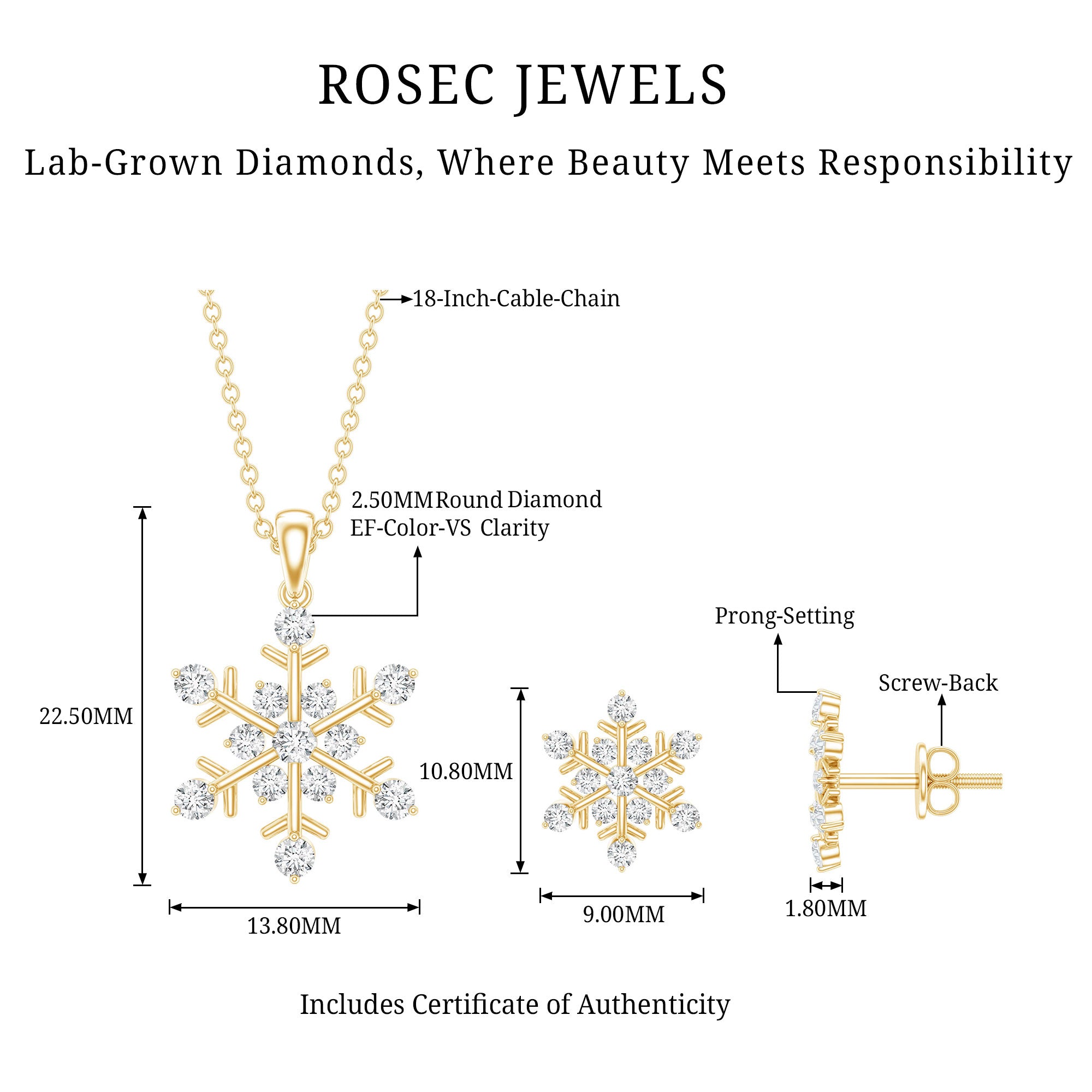 Certified Lab Grown Diamond Snowflake Jewelry Set Lab - ( EF-VS ) - Rosec Jewels