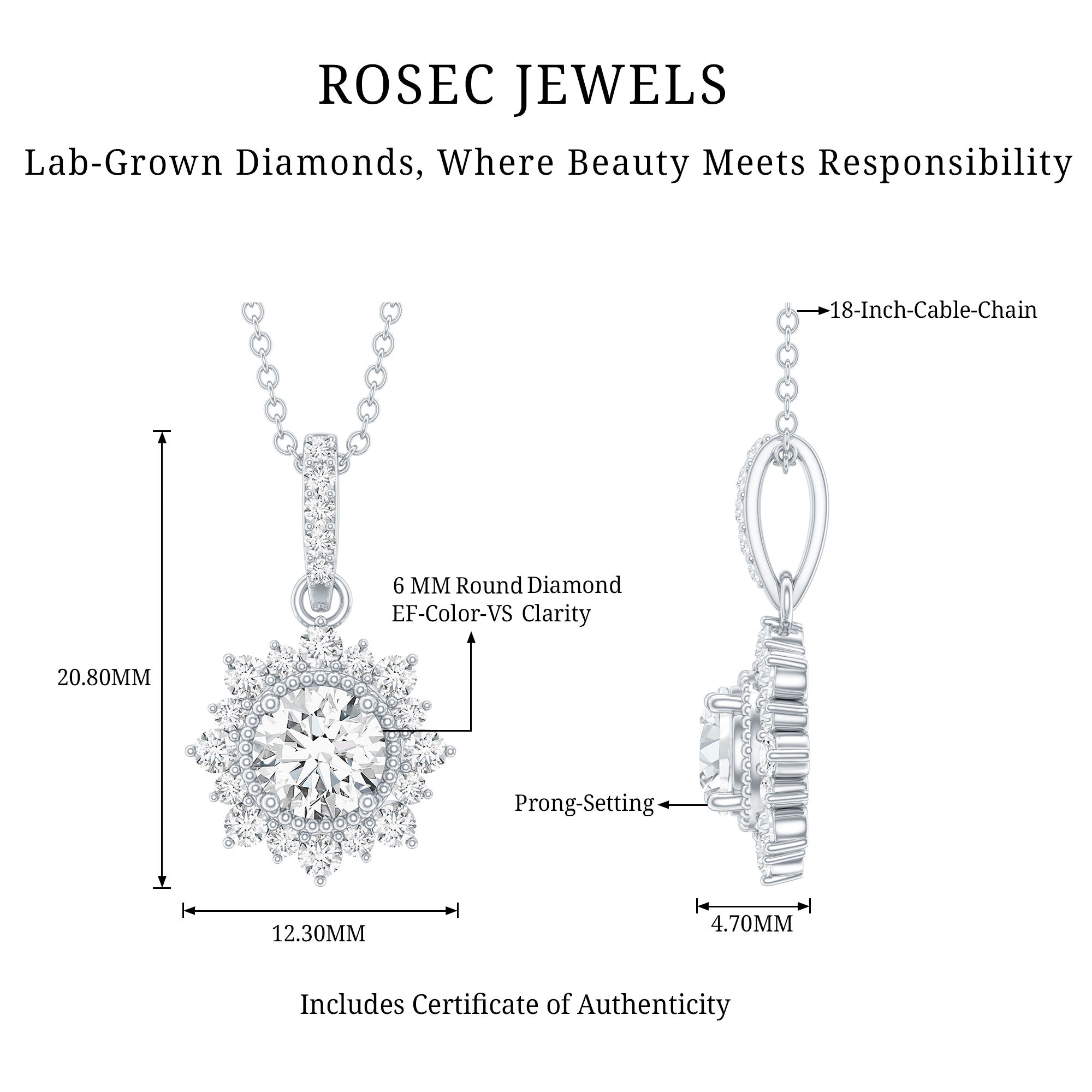 Certified Lab Grown Diamond Wedding Necklace With Chain Lab - ( EF-VS ) - Rosec Jewels