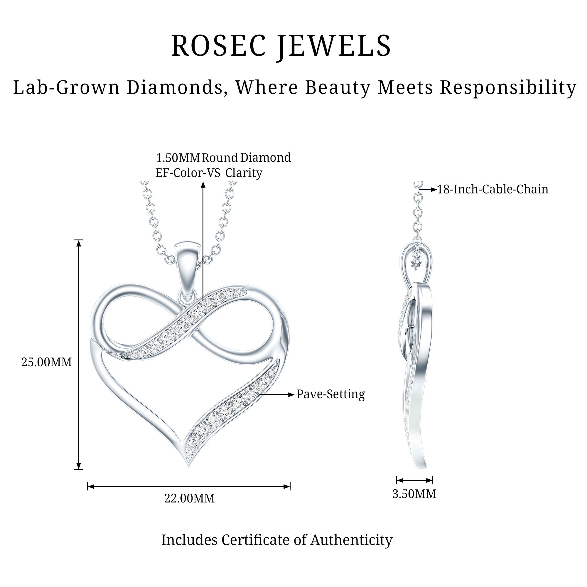 Certified Lab Grown Diamond Infinity Heart Necklace For Women Lab - ( EF-VS ) - Rosec Jewels