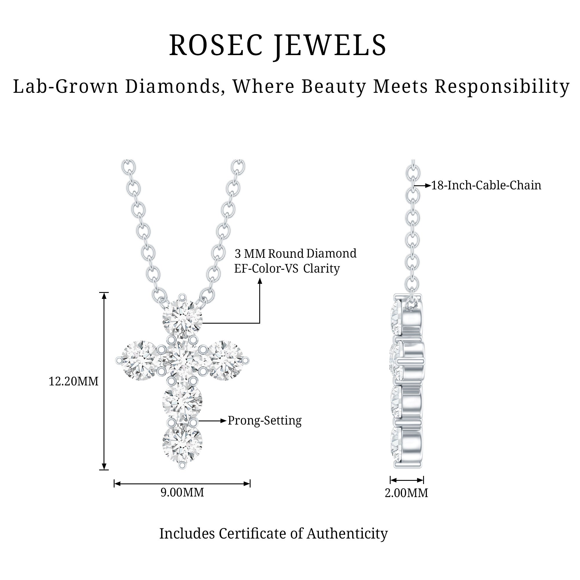 Lab Grown Diamond Religious Cross Pendant Necklace Lab - ( EF-VS ) - Rosec Jewels