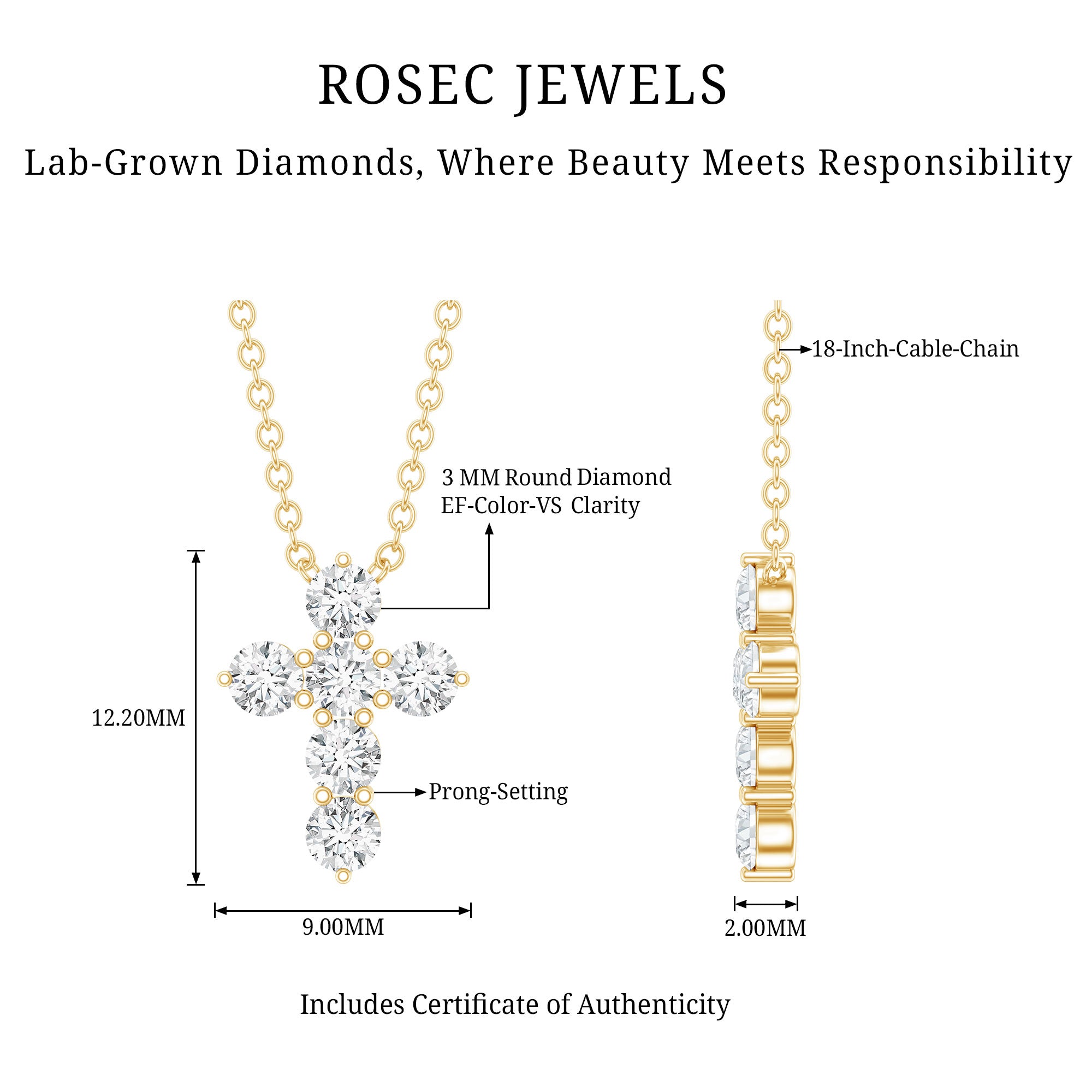 Lab Grown Diamond Religious Cross Pendant Necklace Lab - ( EF-VS ) - Rosec Jewels