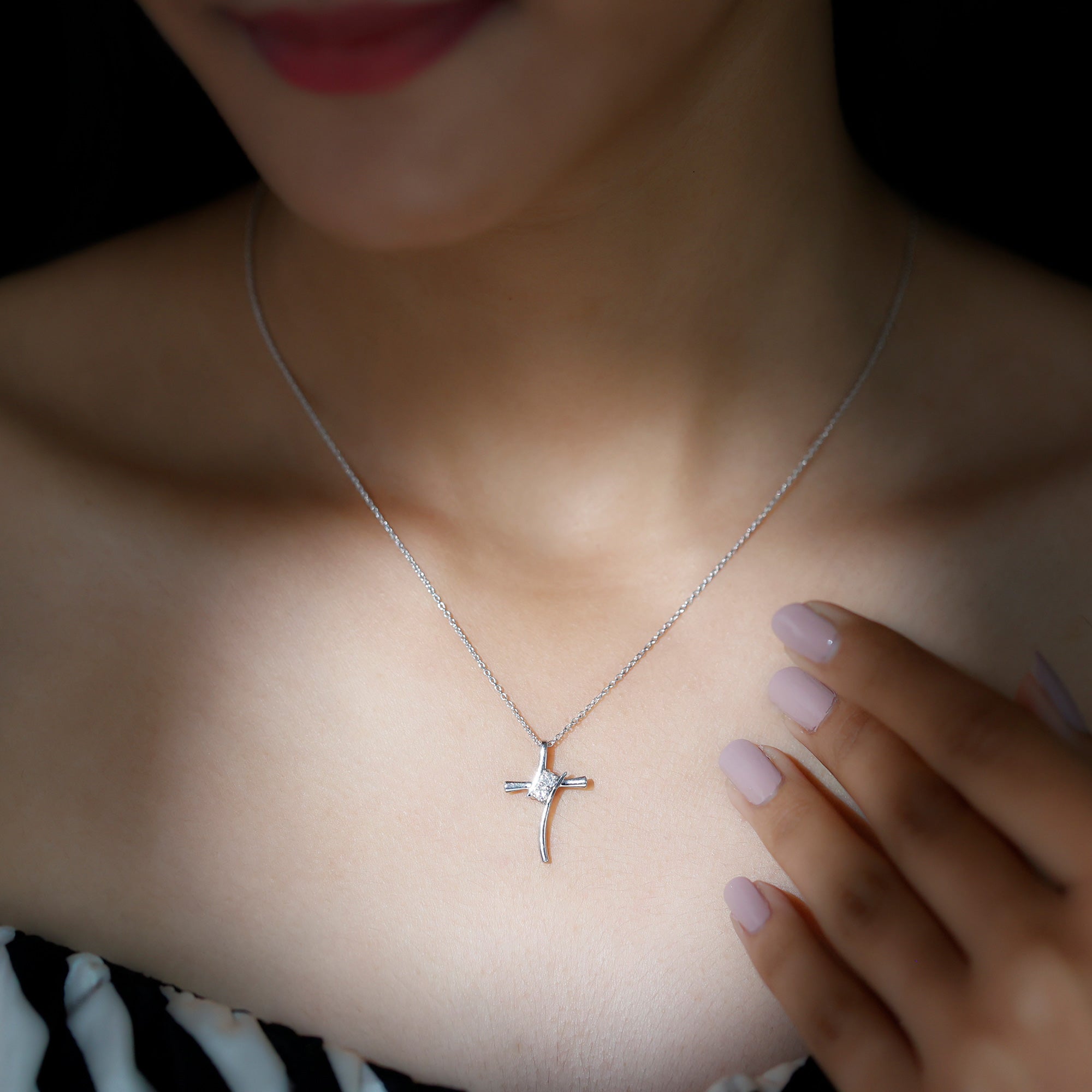 0.14 CT Lab Grown Diamond Cross Necklace (Hidden Bail) Lab - ( EF-VS ) - Rosec Jewels