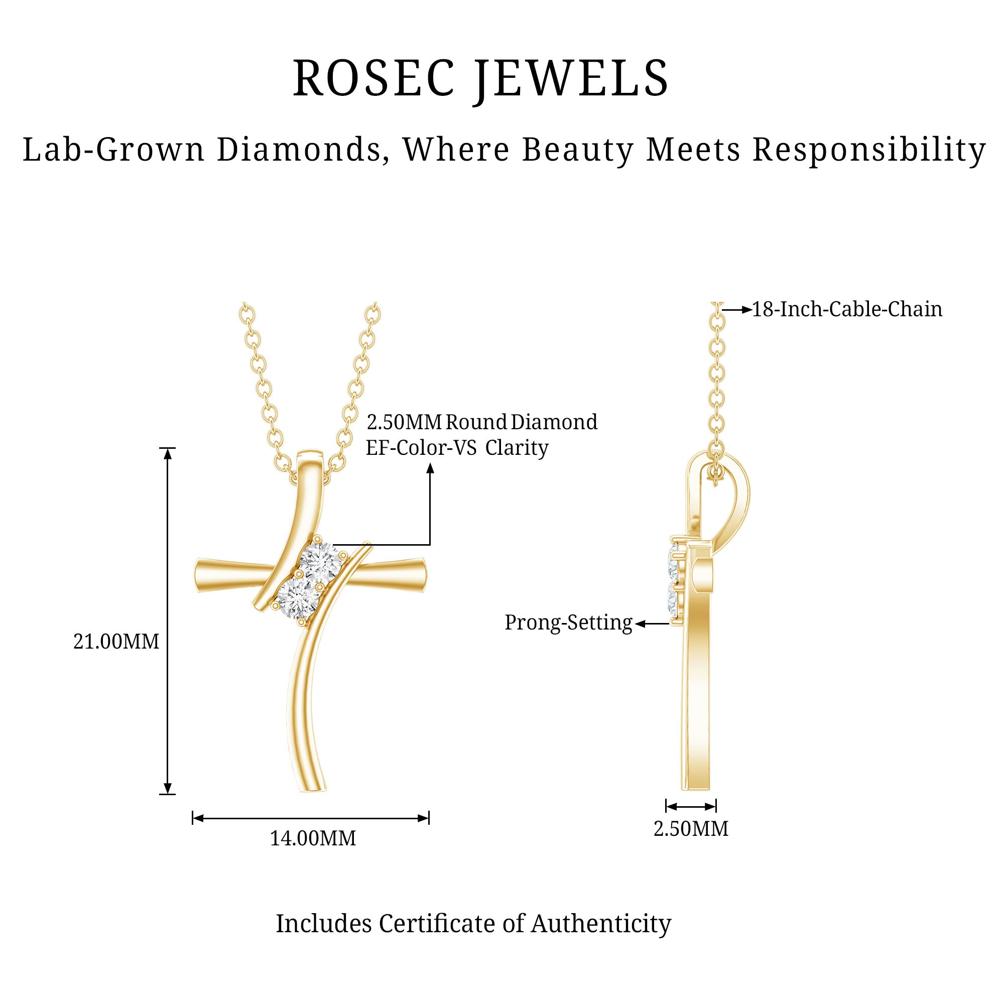 0.14 CT Lab Grown Diamond Cross Necklace (Hidden Bail) Lab - ( EF-VS ) - Rosec Jewels