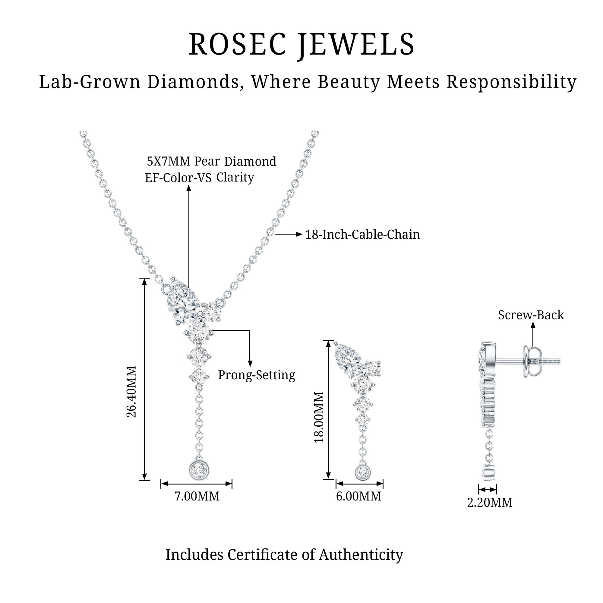 Certified Lab Grown Diamond Designer Necklace and Earrings Set Lab - ( EF-VS ) - Rosec Jewels