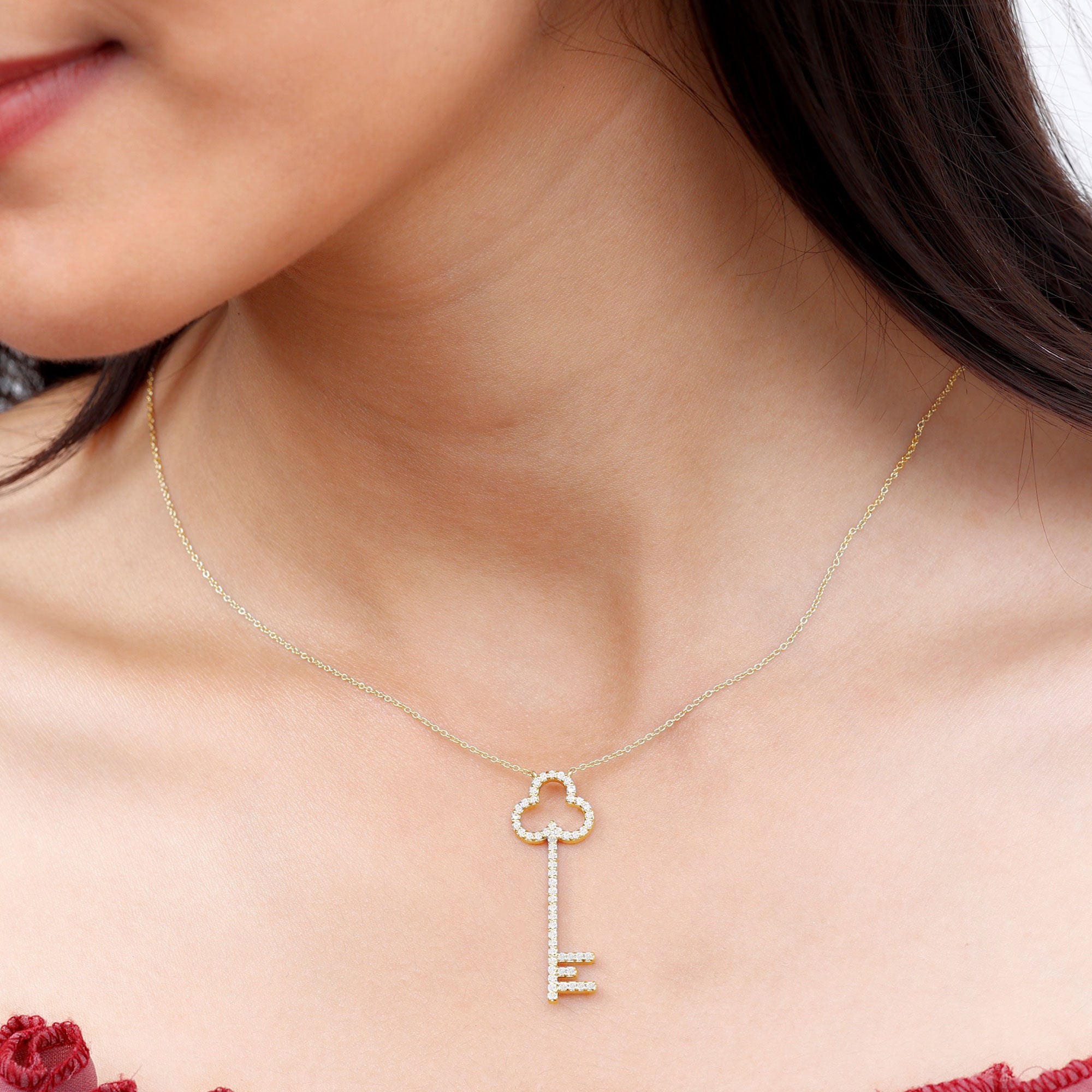 Certified Lab Grown Diamond Key Necklace For Women Lab - ( EF-VS ) - Rosec Jewels