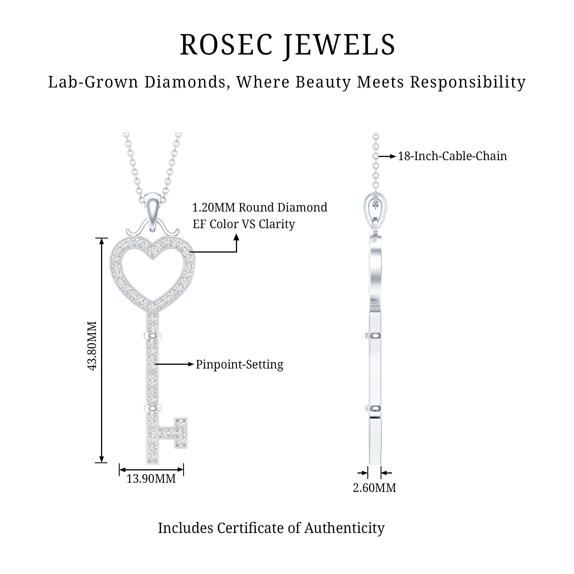 Lab Grown Diamond Key To My Heart Pendant Necklace Lab - ( EF-VS ) - Rosec Jewels
