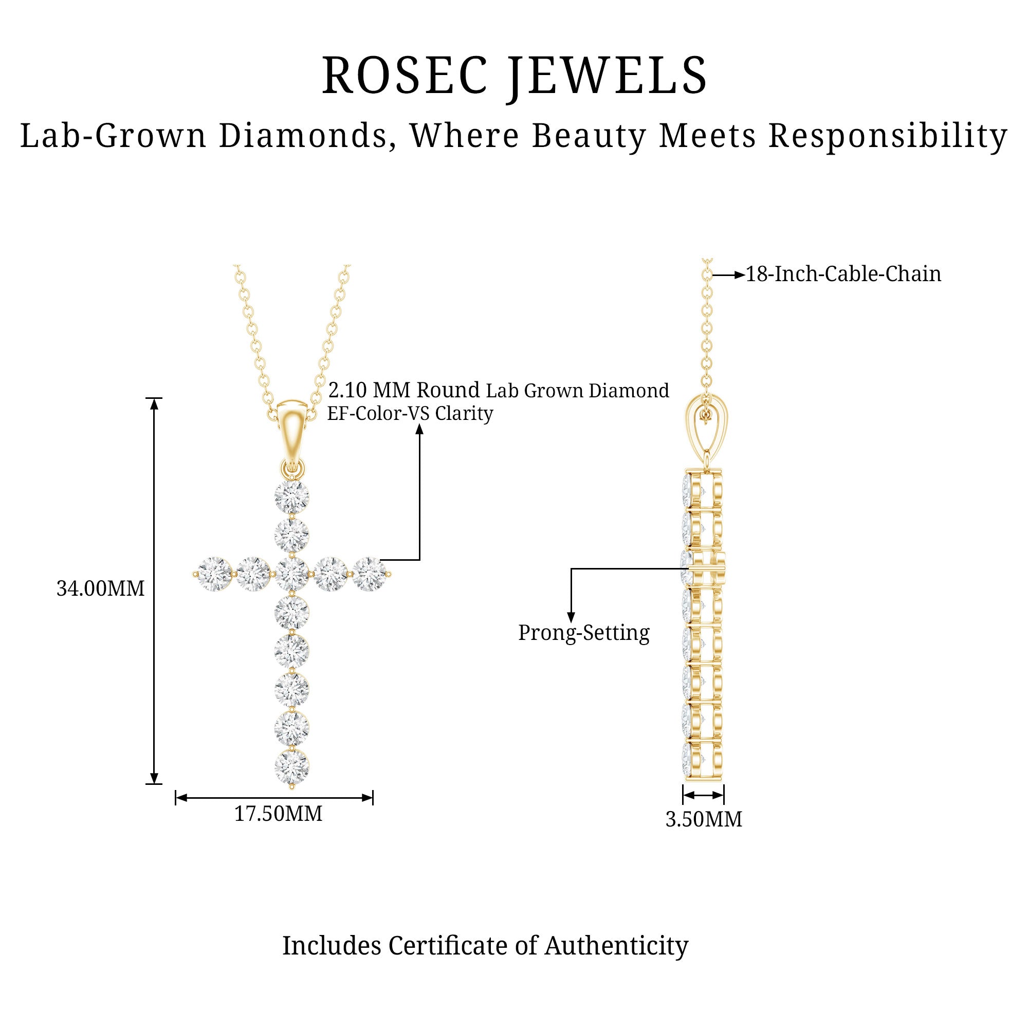Certified Lab Grown Diamond Christian Cross Pendant Lab - ( EF-VS ) - Rosec Jewels