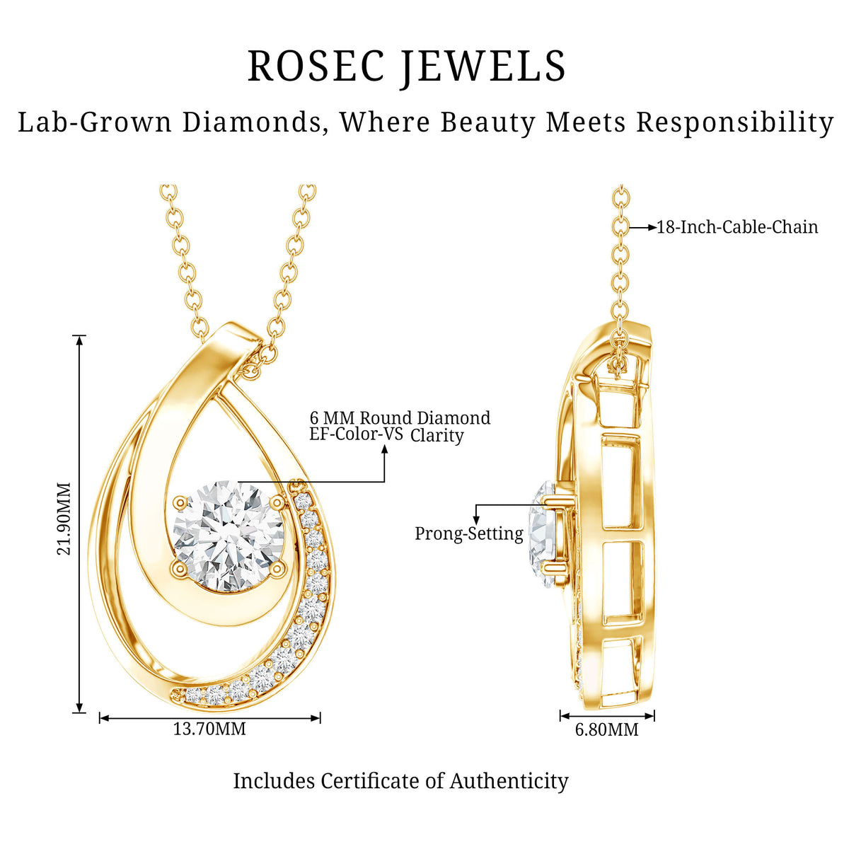 0.9 Carat Round Lab Grown Diamond Teardrop Necklace for Women Lab - ( EF-VS ) - Rosec Jewels