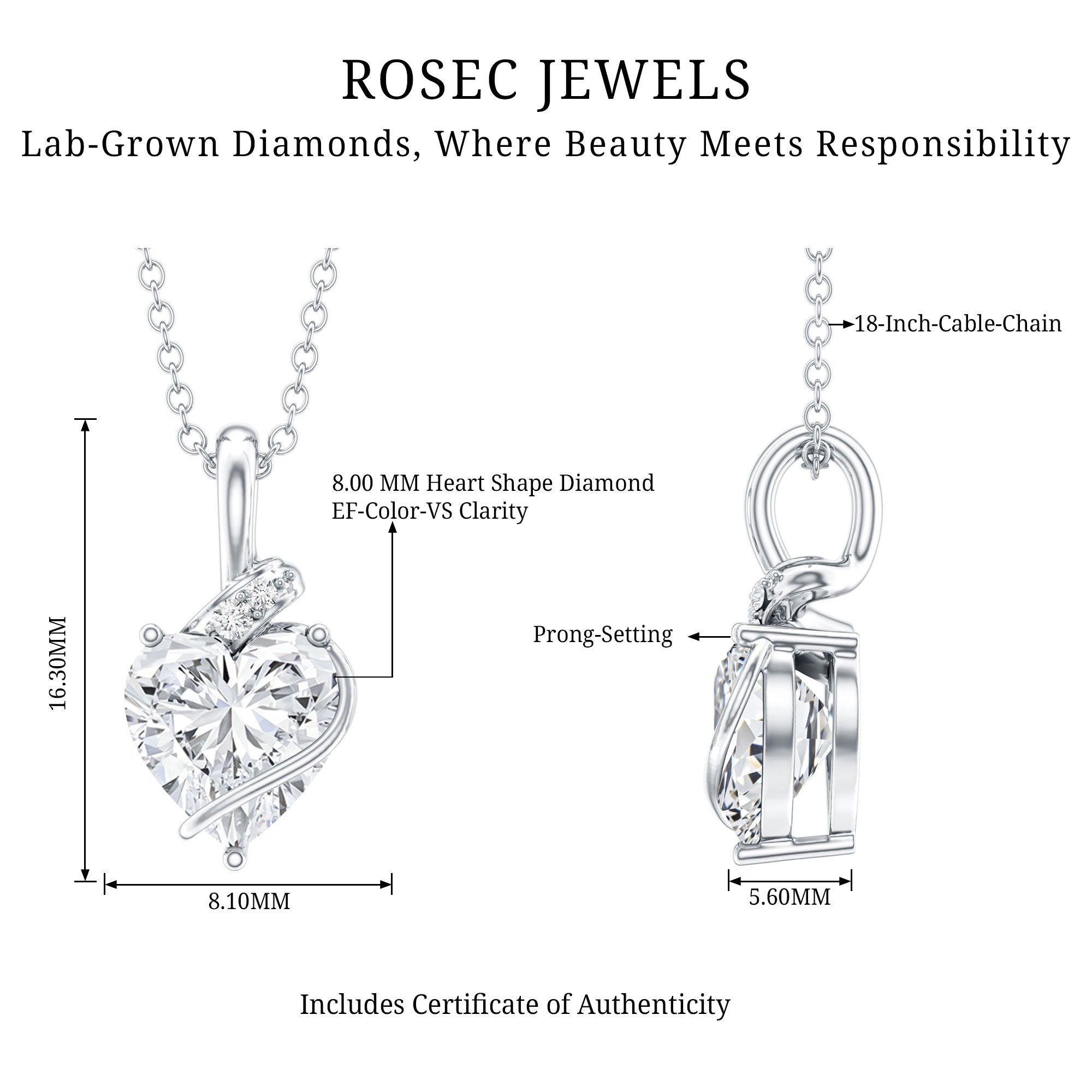 8 MM Lab Grown Diamond Heart Solitaire Necklace Lab - ( EF-VS ) - Rosec Jewels