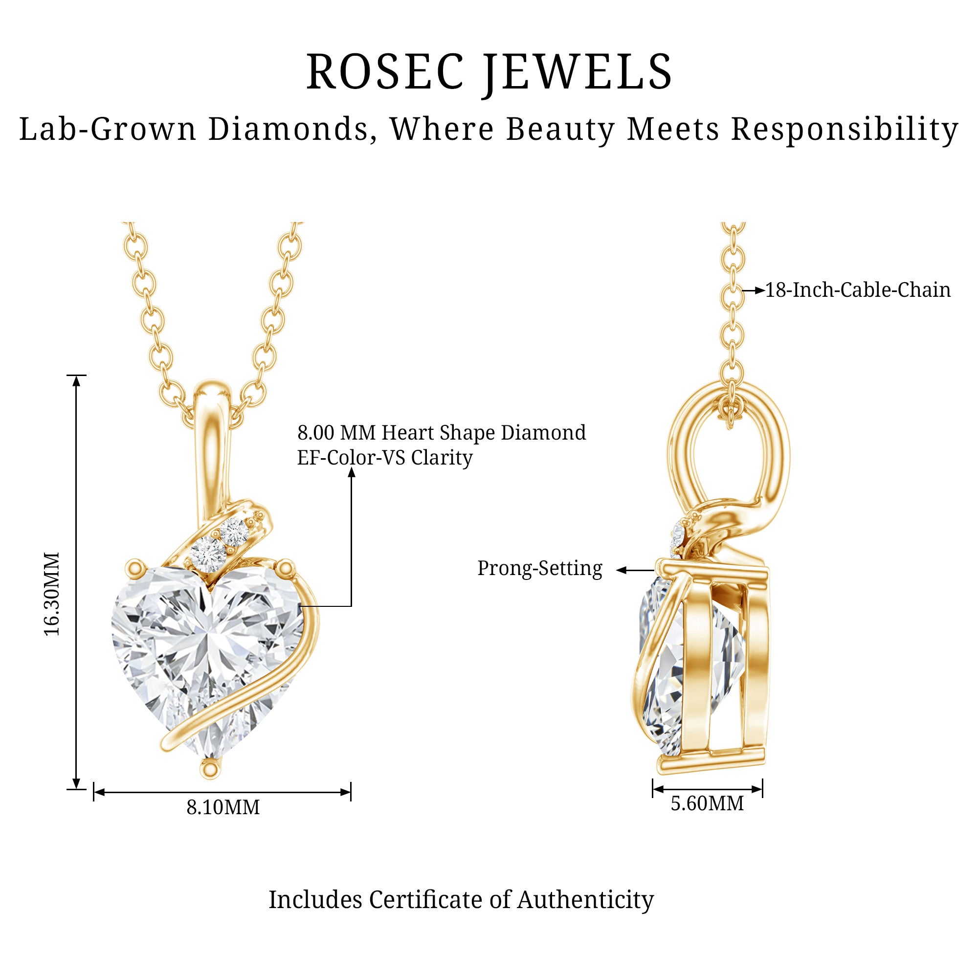 8 MM Lab Grown Diamond Heart Solitaire Necklace Lab - ( EF-VS ) - Rosec Jewels