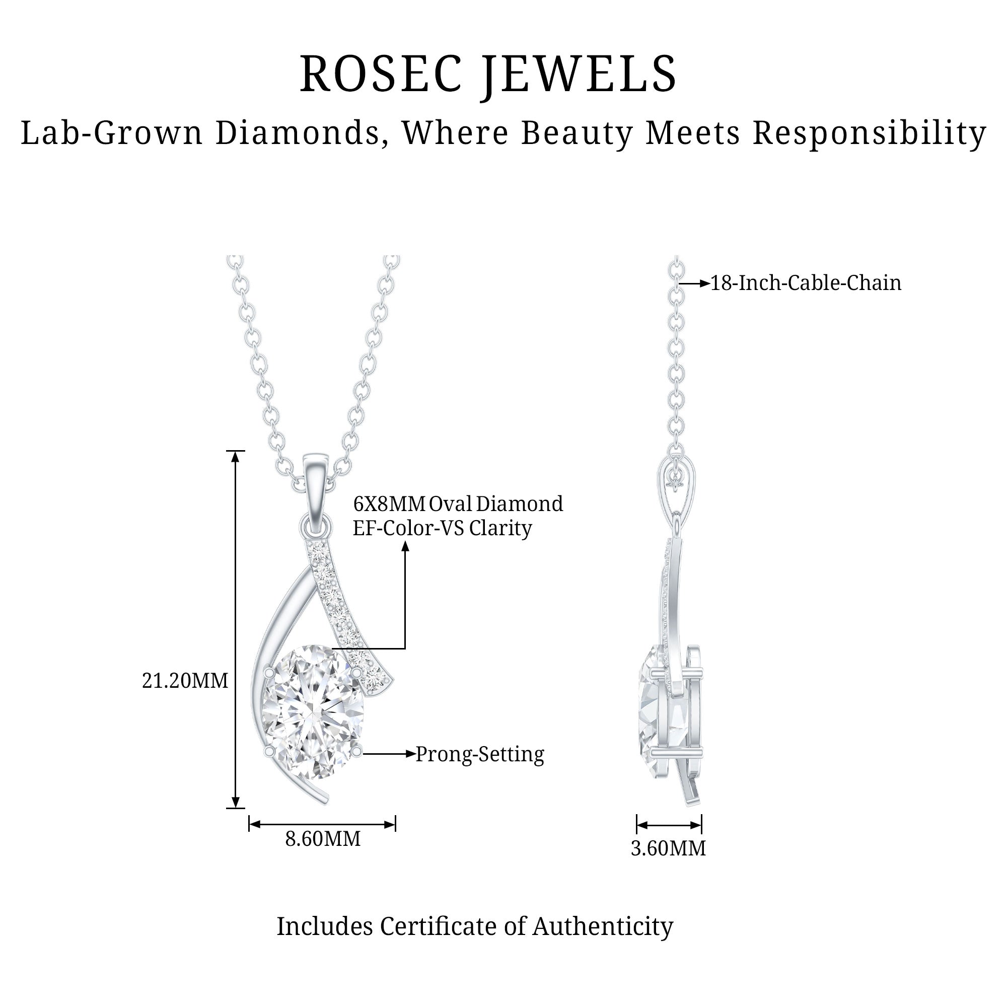 6X8 MM Oval Lab Grown Diamond Solitaire Necklace Lab - ( EF-VS ) - Rosec Jewels