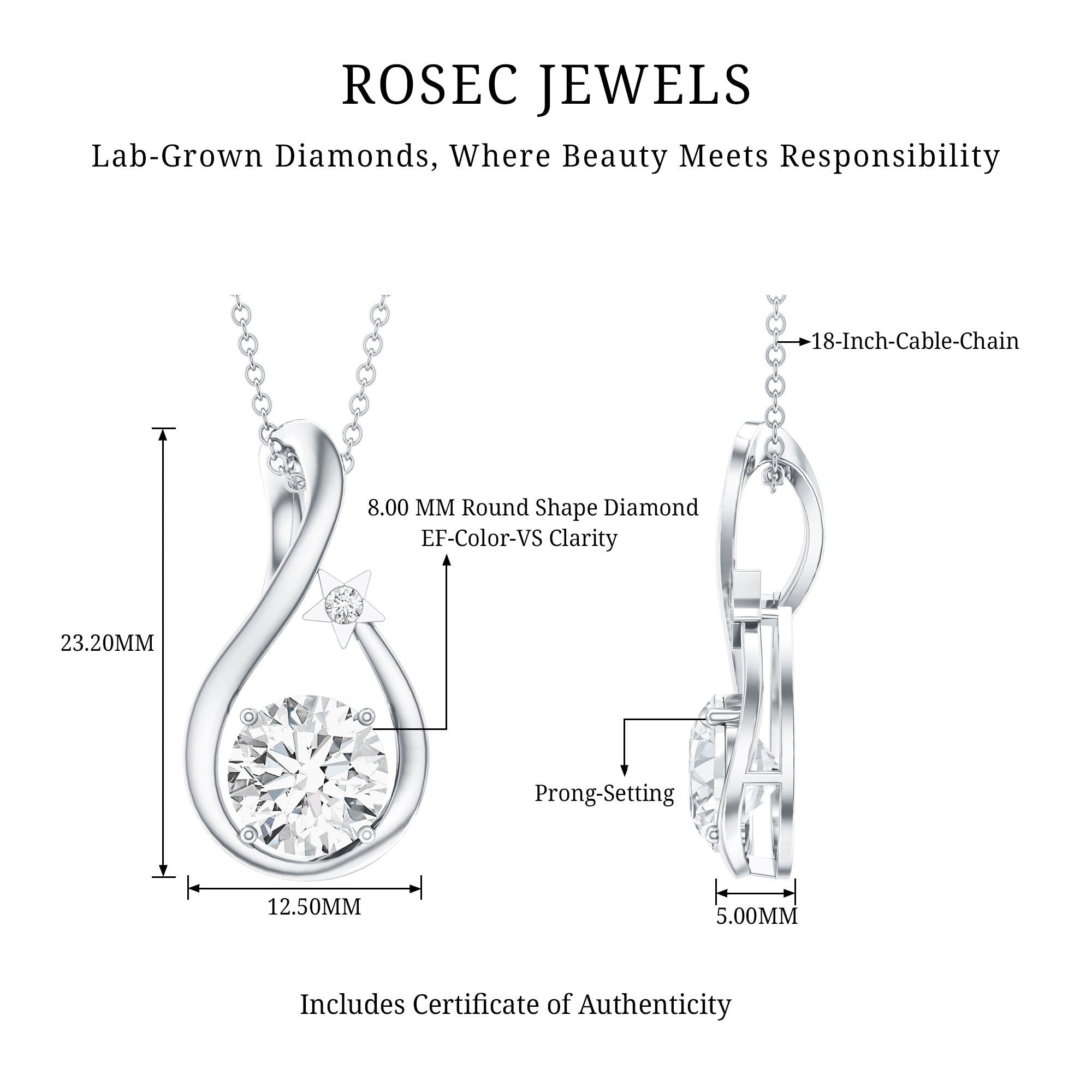 8 MM Round Solitaire Lab Grown Diamond Teardrop Necklace Lab - ( EF-VS ) - Rosec Jewels