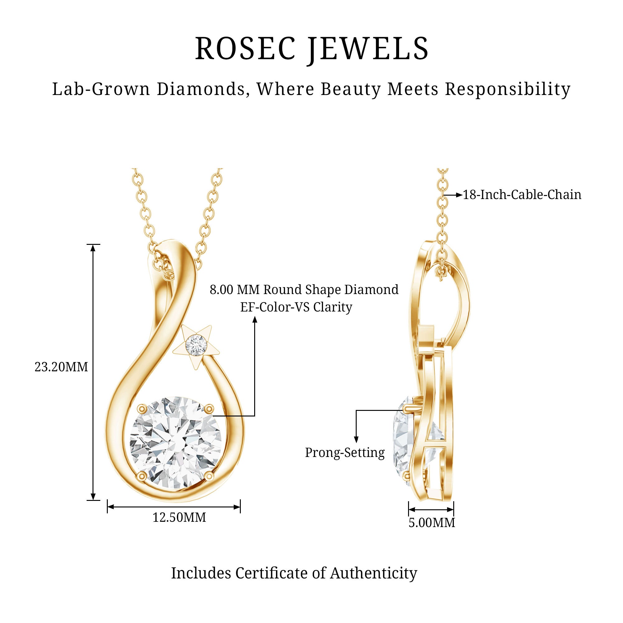 8 MM Round Solitaire Lab Grown Diamond Teardrop Necklace Lab - ( EF-VS ) - Rosec Jewels