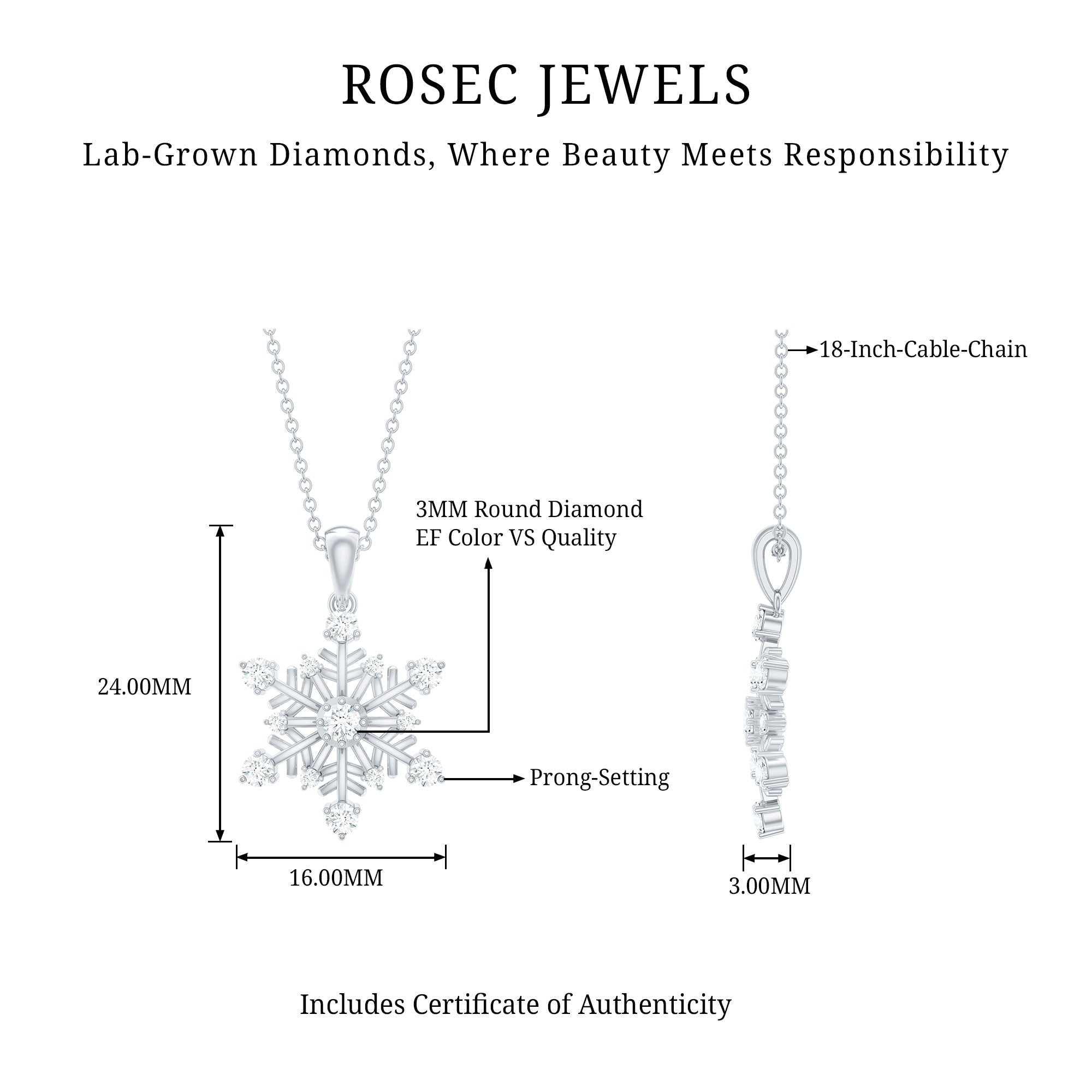 Rosec Jewels-Lab Grown Diamond Snowflake Winter Necklace for Her