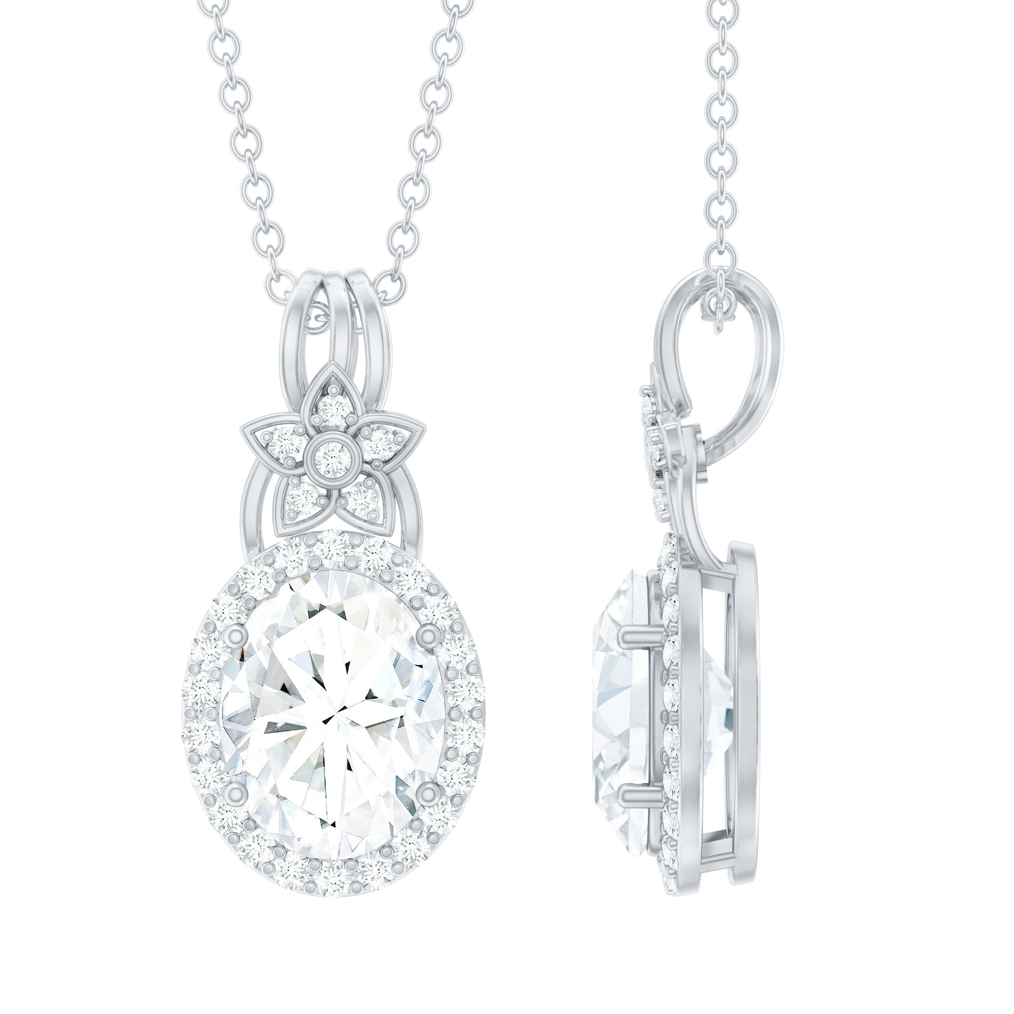 Vintage Inspired Moissanite Oval Drop Pendant Necklace with Chain