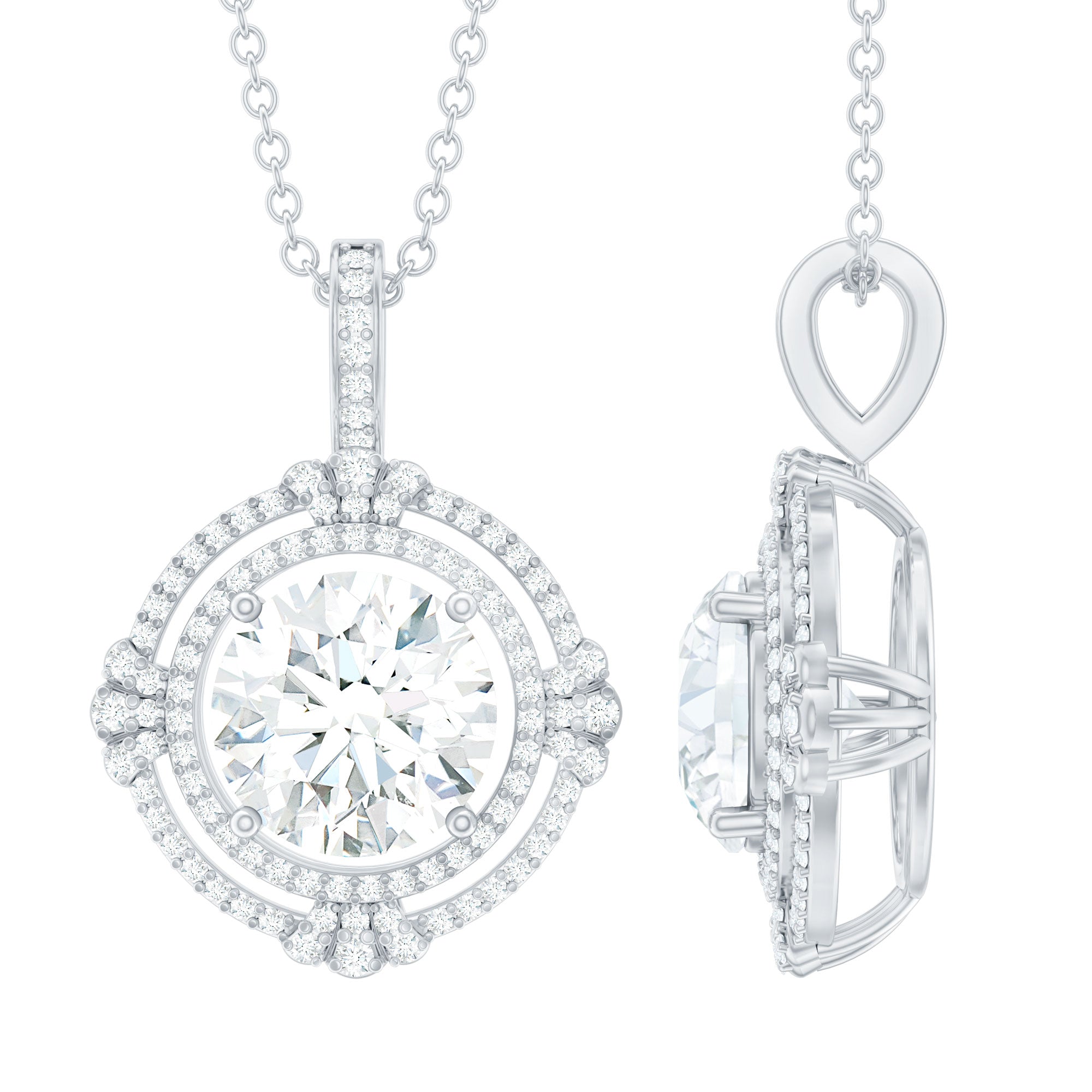 Certified 2 CT Moissanite Double Halo Necklace with Chain